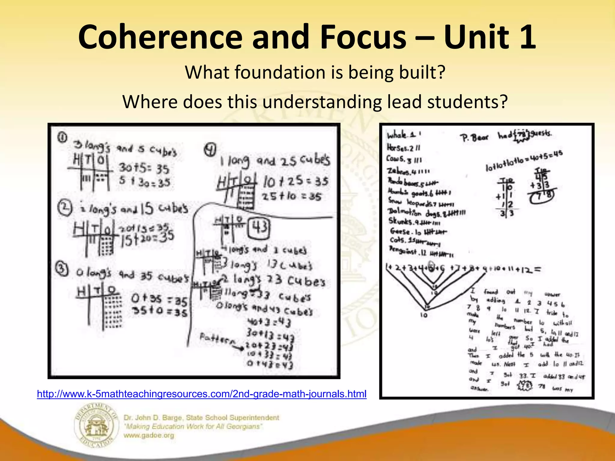 Coherence and Focus – Unit 1
                       What foundation is being built?
                 Where does this understanding lead students?




http://www.k-5mathteachingresources.com/2nd-grade-math-journals.html
 