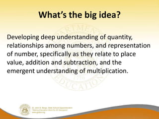 What’s the big idea?

Developing deep understanding of quantity,
relationships among numbers, and representation
of number, specifically as they relate to place
value, addition and subtraction, and the
emergent understanding of multiplication.
 