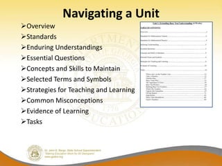 Navigating a Unit
Overview
Standards
Enduring Understandings
Essential Questions
Concepts and Skills to Maintain
Selected Terms and Symbols
Strategies for Teaching and Learning
Common Misconceptions
Evidence of Learning
Tasks
 