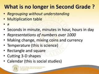 What is no longer in Second Grade ?
•   Regrouping without understanding
•   Multiplication table
•   ≠
•   Seconds in minute, minutes in hour, hours in day
•   Representations of numbers over 1000
•   Making change, mixing coins and currency
•   Temperature (this is science)
•   Rectangle and square
•   Cutting 3-D shapes
•   Calendar (this is social studies)
 