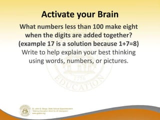 Activate your Brain
What numbers less than 100 make eight
  when the digits are added together?
(example 17 is a solution because 1+7=8)
 Write to help explain your best thinking
   using words, numbers, or pictures.
 