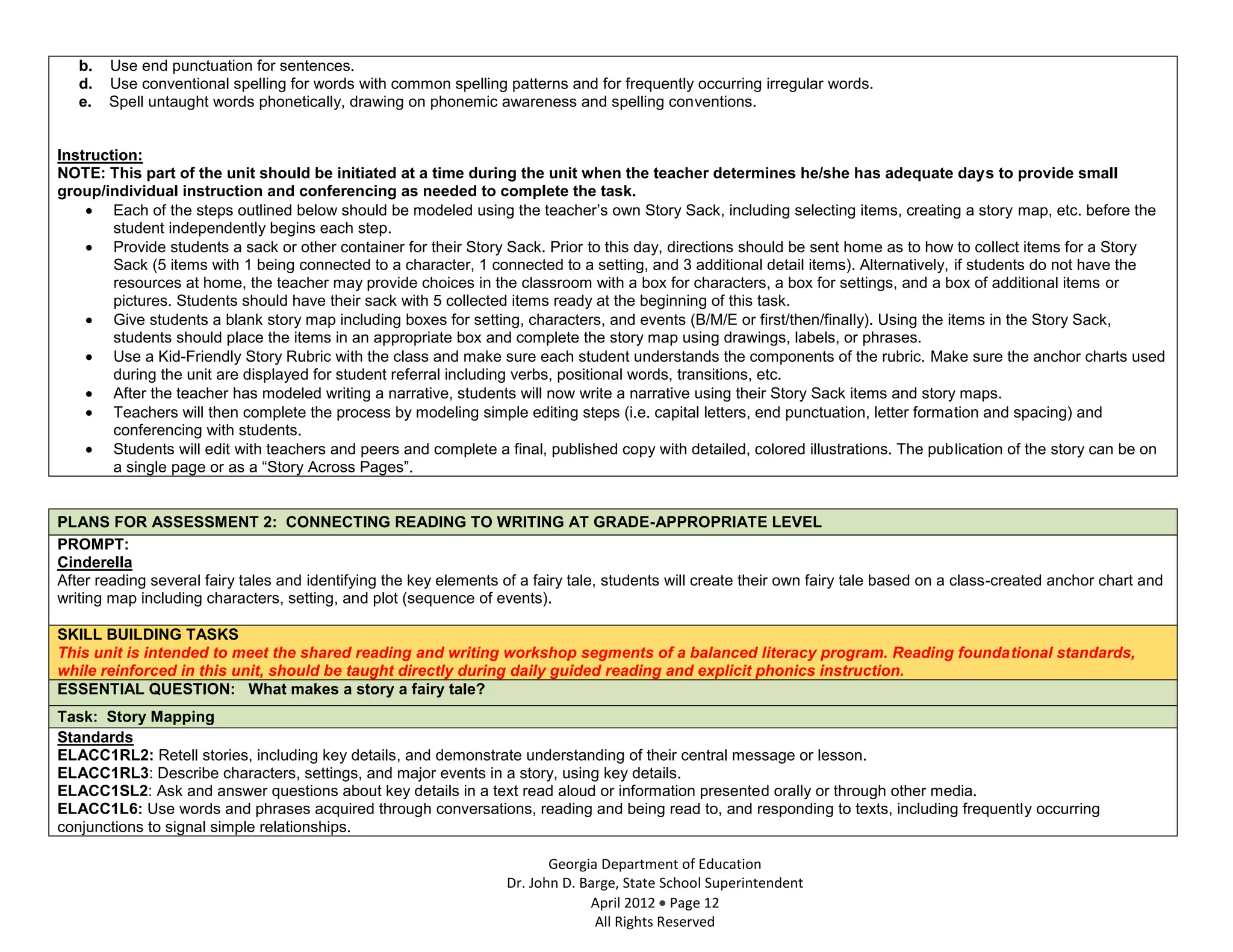 b.   Use end punctuation for sentences.
   d.   Use conventional spelling for words with common spelling patterns and for frequently occurring irregular words.
   e.   Spell untaught words phonetically, drawing on phonemic awareness and spelling conventions.


Instruction:
NOTE: This part of the unit should be initiated at a time during the unit when the teacher determines he/she has adequate days to provide small
group/individual instruction and conferencing as needed to complete the task.
        Each of the steps outlined below should be modeled using the teacher’s own Story Sack, including selecting items, creating a story map, etc. before the
        student independently begins each step.
        Provide students a sack or other container for their Story Sack. Prior to this day, directions should be sent home as to how to collect items for a Story
        Sack (5 items with 1 being connected to a character, 1 connected to a setting, and 3 additional detail items). Alternatively, if students do not have the
        resources at home, the teacher may provide choices in the classroom with a box for characters, a box for settings, and a box of additional items or
        pictures. Students should have their sack with 5 collected items ready at the beginning of this task.
        Give students a blank story map including boxes for setting, characters, and events (B/M/E or first/then/finally). Using the items in the Story Sack,
        students should place the items in an appropriate box and complete the story map using drawings, labels, or phrases.
        Use a Kid-Friendly Story Rubric with the class and make sure each student understands the components of the rubric. Make sure the anchor charts used
        during the unit are displayed for student referral including verbs, positional words, transitions, etc.
        After the teacher has modeled writing a narrative, students will now write a narrative using their Story Sack items and story maps.
        Teachers will then complete the process by modeling simple editing steps (i.e. capital letters, end punctuation, letter formation and spacing) and
        conferencing with students.
        Students will edit with teachers and peers and complete a final, published copy with detailed, colored illustrations. The publication of the story can be on
        a single page or as a “Story Across Pages”.


PLANS FOR ASSESSMENT 2: CONNECTING READING TO WRITING AT GRADE-APPROPRIATE LEVEL
PROMPT:
Cinderella
After reading several fairy tales and identifying the key elements of a fairy tale, students will create their own fairy tale based on a class-created anchor chart and
writing map including characters, setting, and plot (sequence of events).

SKILL BUILDING TASKS
This unit is intended to meet the shared reading and writing workshop segments of a balanced literacy program. Reading foundational standards,
while reinforced in this unit, should be taught directly during daily guided reading and explicit phonics instruction.
ESSENTIAL QUESTION: What makes a story a fairy tale?
Task: Story Mapping
Standards
ELACC1RL2: Retell stories, including key details, and demonstrate understanding of their central message or lesson.
ELACC1RL3: Describe characters, settings, and major events in a story, using key details.
ELACC1SL2: Ask and answer questions about key details in a text read aloud or information presented orally or through other media.
ELACC1L6: Use words and phrases acquired through conversations, reading and being read to, and responding to texts, including frequently occurring
conjunctions to signal simple relationships.

                                                                          Georgia Department of Education
                                                                   Dr. John D. Barge, State School Superintendent
                                                                                April 2012 Page 12
                                                                                 All Rights Reserved
 