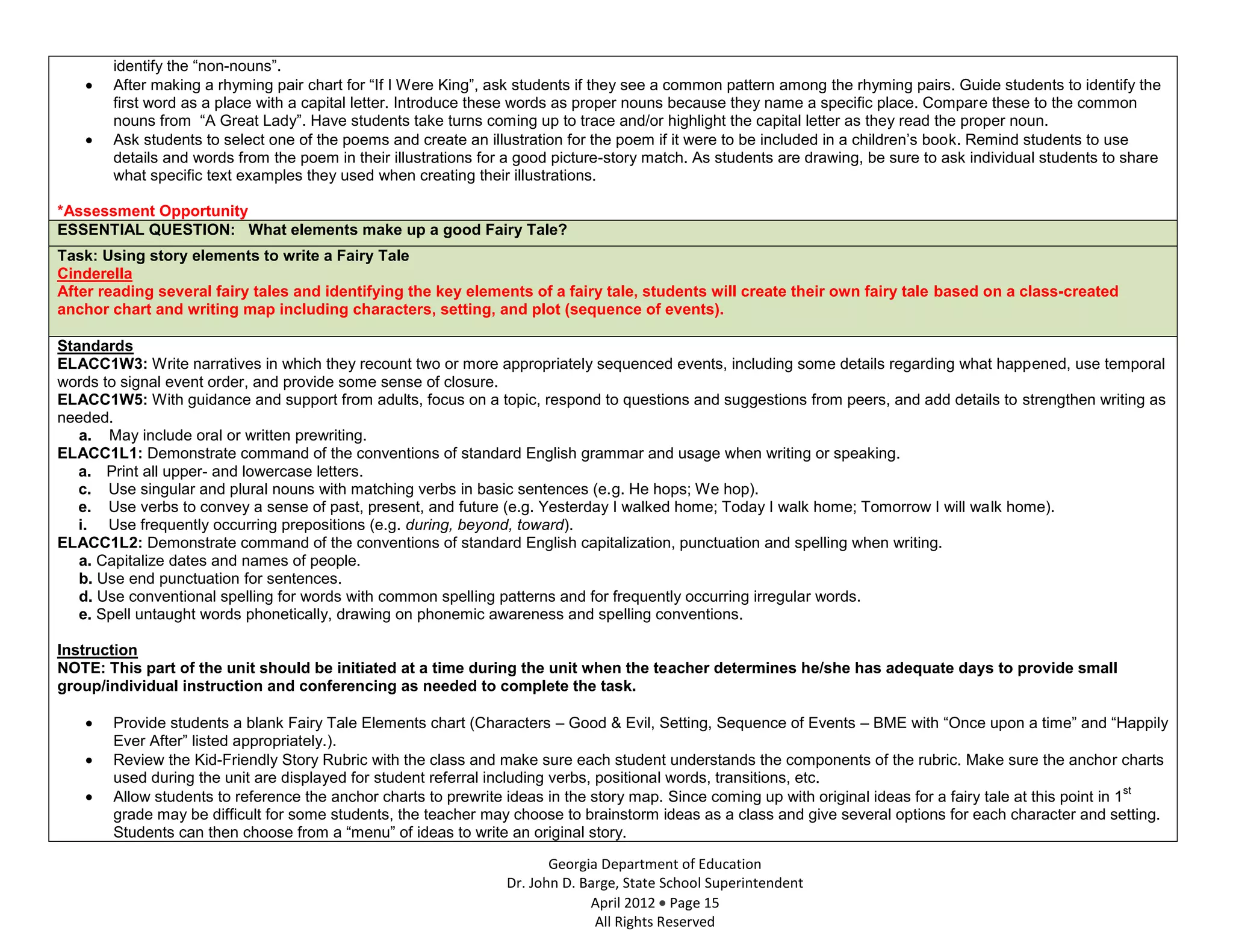 identify the “non-nouns”.
       After making a rhyming pair chart for “If I Were King”, ask students if they see a common pattern among the rhyming pairs. Guide students to identify the
       first word as a place with a capital letter. Introduce these words as proper nouns because they name a specific place. Compare these to the common
       nouns from “A Great Lady”. Have students take turns coming up to trace and/or highlight the capital letter as they read the proper noun.
       Ask students to select one of the poems and create an illustration for the poem if it were to be included in a children’s book. Remind students to use
       details and words from the poem in their illustrations for a good picture-story match. As students are drawing, be sure to ask individual students to share
       what specific text examples they used when creating their illustrations.

*Assessment Opportunity
ESSENTIAL QUESTION: What elements make up a good Fairy Tale?
Task: Using story elements to write a Fairy Tale
Cinderella
After reading several fairy tales and identifying the key elements of a fairy tale, students will create their own fairy tale based on a class-created
anchor chart and writing map including characters, setting, and plot (sequence of events).

Standards
ELACC1W3: Write narratives in which they recount two or more appropriately sequenced events, including some details regarding what happened, use temporal
words to signal event order, and provide some sense of closure.
ELACC1W5: With guidance and support from adults, focus on a topic, respond to questions and suggestions from peers, and add details to strengthen writing as
needed.
   a. May include oral or written prewriting.
ELACC1L1: Demonstrate command of the conventions of standard English grammar and usage when writing or speaking.
   a. Print all upper- and lowercase letters.
   c. Use singular and plural nouns with matching verbs in basic sentences (e.g. He hops; We hop).
   e. Use verbs to convey a sense of past, present, and future (e.g. Yesterday I walked home; Today I walk home; Tomorrow I will walk home).
   i. Use frequently occurring prepositions (e.g. during, beyond, toward).
ELACC1L2: Demonstrate command of the conventions of standard English capitalization, punctuation and spelling when writing.
   a. Capitalize dates and names of people.
   b. Use end punctuation for sentences.
   d. Use conventional spelling for words with common spelling patterns and for frequently occurring irregular words.
   e. Spell untaught words phonetically, drawing on phonemic awareness and spelling conventions.

Instruction
NOTE: This part of the unit should be initiated at a time during the unit when the teacher determines he/she has adequate days to provide small
group/individual instruction and conferencing as needed to complete the task.

       Provide students a blank Fairy Tale Elements chart (Characters – Good & Evil, Setting, Sequence of Events – BME with “Once upon a time” and “Happily
       Ever After” listed appropriately.).
       Review the Kid-Friendly Story Rubric with the class and make sure each student understands the components of the rubric. Make sure the anchor charts
       used during the unit are displayed for student referral including verbs, positional words, transitions, etc.
                                                                                                                                                                 st
       Allow students to reference the anchor charts to prewrite ideas in the story map. Since coming up with original ideas for a fairy tale at this point in 1
       grade may be difficult for some students, the teacher may choose to brainstorm ideas as a class and give several options for each character and setting.
       Students can then choose from a “menu” of ideas to write an original story.

                                                                        Georgia Department of Education
                                                                 Dr. John D. Barge, State School Superintendent
                                                                              April 2012 Page 15
                                                                               All Rights Reserved
 