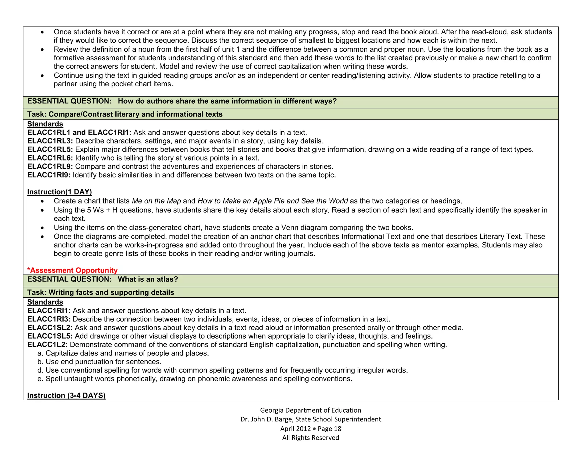 Once students have it correct or are at a point where they are not making any progress, stop and read the book aloud. After the read-aloud, ask students
        if they would like to correct the sequence. Discuss the correct sequence of smallest to biggest locations and how each is within the next.
        Review the definition of a noun from the first half of unit 1 and the difference between a common and proper noun. Use the locations from the book as a
        formative assessment for students understanding of this standard and then add these words to the list created previously or make a new chart to confirm
        the correct answers for student. Model and review the use of correct capitalization when writing these words.
        Continue using the text in guided reading groups and/or as an independent or center reading/listening activity. Allow students to practice retelling to a
        partner using the pocket chart items.

ESSENTIAL QUESTION: How do authors share the same information in different ways?
Task: Compare/Contrast literary and informational texts
Standards
ELACC1RL1 and ELACC1RI1: Ask and answer questions about key details in a text.
ELACC1RL3: Describe characters, settings, and major events in a story, using key details.
ELACC1RL5: Explain major differences between books that tell stories and books that give information, drawing on a wide reading of a range of text types.
ELACC1RL6: Identify who is telling the story at various points in a text.
ELACC1RL9: Compare and contrast the adventures and experiences of characters in stories.
ELACC1RI9: Identify basic similarities in and differences between two texts on the same topic.

Instruction(1 DAY)
        Create a chart that lists Me on the Map and How to Make an Apple Pie and See the World as the two categories or headings.
        Using the 5 Ws + H questions, have students share the key details about each story. Read a section of each text and specifically identify the speaker in
        each text.
        Using the items on the class-generated chart, have students create a Venn diagram comparing the two books.
        Once the diagrams are completed, model the creation of an anchor chart that describes Informational Text and one that describes Literary Text. These
        anchor charts can be works-in-progress and added onto throughout the year. Include each of the above texts as mentor examples. Students may also
        begin to create genre lists of these books in their reading and/or writing journals.

*Assessment Opportunity
ESSENTIAL QUESTION: What is an atlas?
Task: Writing facts and supporting details
Standards
ELACC1RI1: Ask and answer questions about key details in a text.
ELACC1RI3: Describe the connection between two individuals, events, ideas, or pieces of information in a text.
ELACC1SL2: Ask and answer questions about key details in a text read aloud or information presented orally or through other media.
ELACC1SL5: Add drawings or other visual displays to descriptions when appropriate to clarify ideas, thoughts, and feelings.
ELACC1L2: Demonstrate command of the conventions of standard English capitalization, punctuation and spelling when writing.
   a. Capitalize dates and names of people and places.
   b. Use end punctuation for sentences.
   d. Use conventional spelling for words with common spelling patterns and for frequently occurring irregular words.
   e. Spell untaught words phonetically, drawing on phonemic awareness and spelling conventions.

Instruction (3-4 DAYS)
                                                                        Georgia Department of Education
                                                                 Dr. John D. Barge, State School Superintendent
                                                                              April 2012 Page 18
                                                                               All Rights Reserved
 