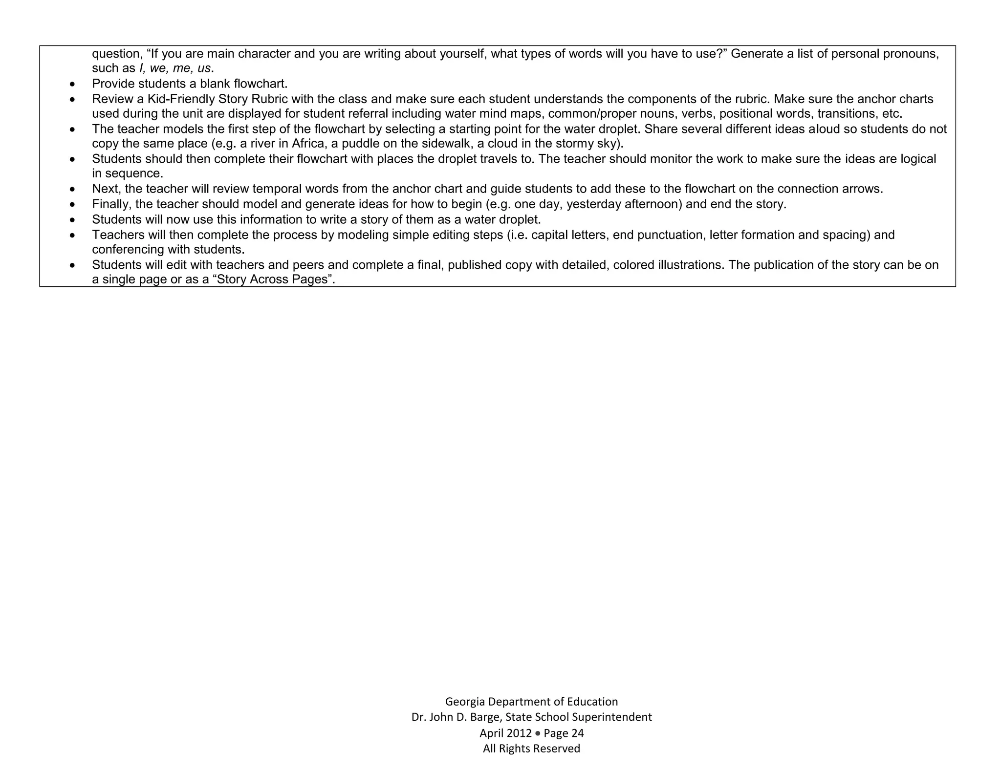 question, “If you are main character and you are writing about yourself, what types of words will you have to use?” Generate a list of personal pronouns,
such as I, we, me, us.
Provide students a blank flowchart.
Review a Kid-Friendly Story Rubric with the class and make sure each student understands the components of the rubric. Make sure the anchor charts
used during the unit are displayed for student referral including water mind maps, common/proper nouns, verbs, positional words, transitions, etc.
The teacher models the first step of the flowchart by selecting a starting point for the water droplet. Share several different ideas aloud so students do not
copy the same place (e.g. a river in Africa, a puddle on the sidewalk, a cloud in the stormy sky).
Students should then complete their flowchart with places the droplet travels to. The teacher should monitor the work to make sure the ideas are logical
in sequence.
Next, the teacher will review temporal words from the anchor chart and guide students to add these to the flowchart on the connection arrows.
Finally, the teacher should model and generate ideas for how to begin (e.g. one day, yesterday afternoon) and end the story.
Students will now use this information to write a story of them as a water droplet.
Teachers will then complete the process by modeling simple editing steps (i.e. capital letters, end punctuation, letter formation and spacing) and
conferencing with students.
Students will edit with teachers and peers and complete a final, published copy with detailed, colored illustrations. The publication of the story can be on
a single page or as a “Story Across Pages”.




                                                                  Georgia Department of Education
                                                           Dr. John D. Barge, State School Superintendent
                                                                        April 2012 Page 24
                                                                         All Rights Reserved
 