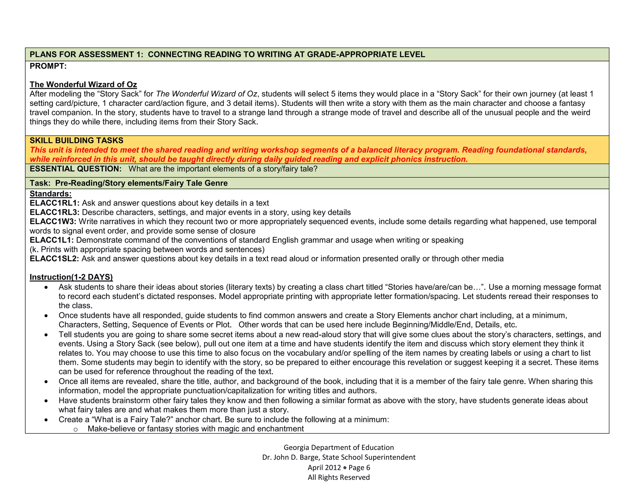 PLANS FOR ASSESSMENT 1: CONNECTING READING TO WRITING AT GRADE-APPROPRIATE LEVEL
PROMPT:

The Wonderful Wizard of Oz
After modeling the “Story Sack” for The Wonderful Wizard of Oz, students will select 5 items they would place in a “Story Sack” for their own journey (at least 1
setting card/picture, 1 character card/action figure, and 3 detail items). Students will then write a story with them as the main character and choose a fantasy
travel companion. In the story, students have to travel to a strange land through a strange mode of travel and describe all of the unusual people and the weird
things they do while there, including items from their Story Sack.

SKILL BUILDING TASKS
This unit is intended to meet the shared reading and writing workshop segments of a balanced literacy program. Reading foundational standards,
while reinforced in this unit, should be taught directly during daily guided reading and explicit phonics instruction.
ESSENTIAL QUESTION: What are the important elements of a story/fairy tale?
Task: Pre-Reading/Story elements/Fairy Tale Genre
Standards:
ELACC1RL1: Ask and answer questions about key details in a text
ELACC1RL3: Describe characters, settings, and major events in a story, using key details
ELACC1W3: Write narratives in which they recount two or more appropriately sequenced events, include some details regarding what happened, use temporal
words to signal event order, and provide some sense of closure
ELACC1L1: Demonstrate command of the conventions of standard English grammar and usage when writing or speaking
(k. Prints with appropriate spacing between words and sentences)
ELACC1SL2: Ask and answer questions about key details in a text read aloud or information presented orally or through other media

Instruction(1-2 DAYS)
        Ask students to share their ideas about stories (literary texts) by creating a class chart titled “Stories have/are/can be…”. Use a morning message format
        to record each student’s dictated responses. Model appropriate printing with appropriate letter formation/spacing. Let students reread their responses to
        the class.
        Once students have all responded, guide students to find common answers and create a Story Elements anchor chart including, at a minimum,
        Characters, Setting, Sequence of Events or Plot. Other words that can be used here include Beginning/Middle/End, Details, etc.
        Tell students you are going to share some secret items about a new read-aloud story that will give some clues about the story’s characters, settings, and
        events. Using a Story Sack (see below), pull out one item at a time and have students identify the item and discuss which story element they think it
        relates to. You may choose to use this time to also focus on the vocabulary and/or spelling of the item names by creating labels or using a chart to list
        them. Some students may begin to identify with the story, so be prepared to either encourage this revelation or suggest keeping it a secret. These items
        can be used for reference throughout the reading of the text.
        Once all items are revealed, share the title, author, and background of the book, including that it is a member of the fairy tale genre. When sharing this
        information, model the appropriate punctuation/capitalization for writing titles and authors.
        Have students brainstorm other fairy tales they know and then following a similar format as above with the story, have students generate ideas about
        what fairy tales are and what makes them more than just a story.
        Create a “What is a Fairy Tale?” anchor chart. Be sure to include the following at a minimum:
             o Make-believe or fantasy stories with magic and enchantment

                                                                         Georgia Department of Education
                                                                  Dr. John D. Barge, State School Superintendent
                                                                                April 2012 Page 6
                                                                                All Rights Reserved
 