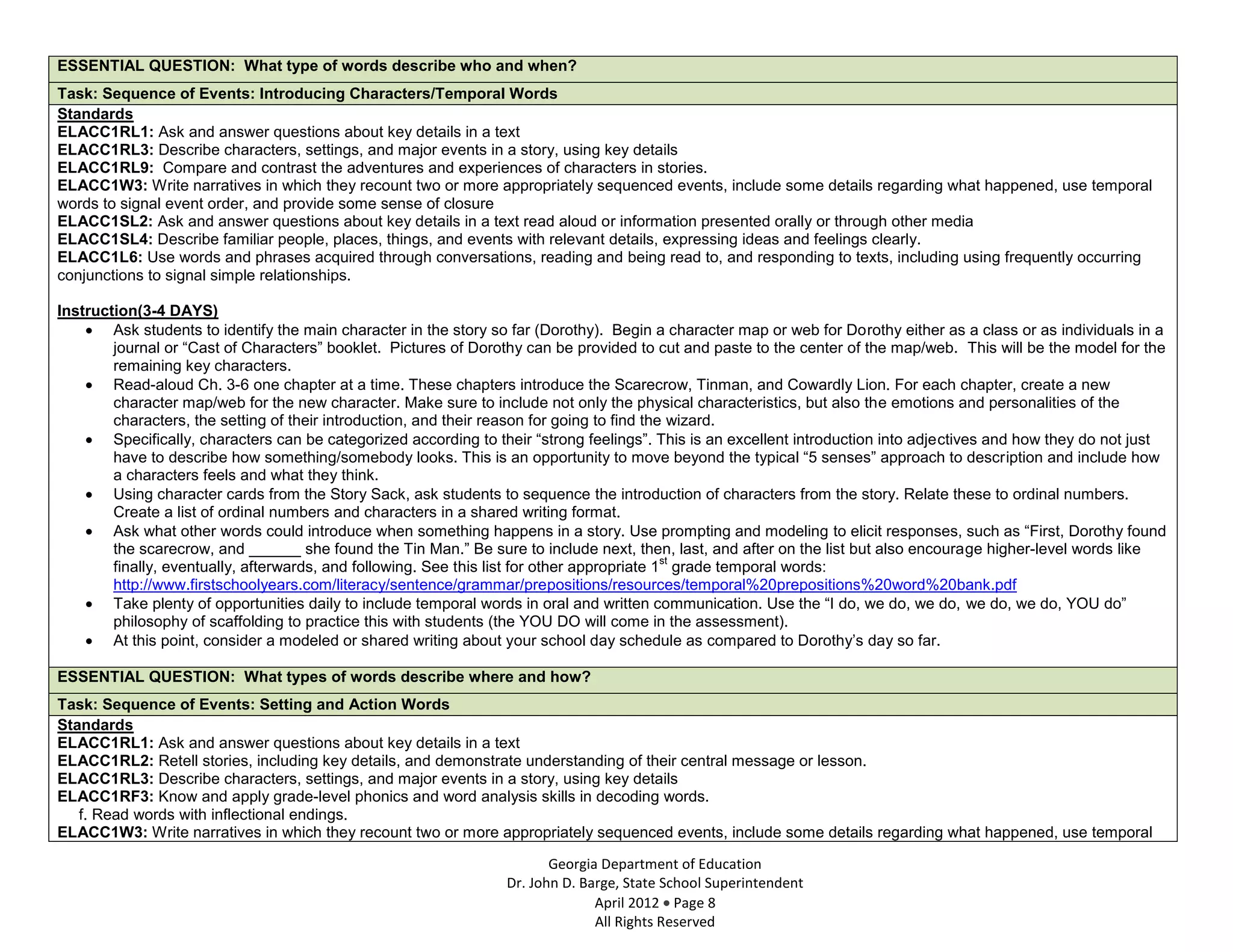 ESSENTIAL QUESTION: What type of words describe who and when?
Task: Sequence of Events: Introducing Characters/Temporal Words
Standards
ELACC1RL1: Ask and answer questions about key details in a text
ELACC1RL3: Describe characters, settings, and major events in a story, using key details
ELACC1RL9: Compare and contrast the adventures and experiences of characters in stories.
ELACC1W3: Write narratives in which they recount two or more appropriately sequenced events, include some details regarding what happened, use temporal
words to signal event order, and provide some sense of closure
ELACC1SL2: Ask and answer questions about key details in a text read aloud or information presented orally or through other media
ELACC1SL4: Describe familiar people, places, things, and events with relevant details, expressing ideas and feelings clearly.
ELACC1L6: Use words and phrases acquired through conversations, reading and being read to, and responding to texts, including using frequently occurring
conjunctions to signal simple relationships.

Instruction(3-4 DAYS)
        Ask students to identify the main character in the story so far (Dorothy). Begin a character map or web for Dorothy either as a class or as individuals in a
        journal or “Cast of Characters” booklet. Pictures of Dorothy can be provided to cut and paste to the center of the map/web. This will be the model for the
        remaining key characters.
        Read-aloud Ch. 3-6 one chapter at a time. These chapters introduce the Scarecrow, Tinman, and Cowardly Lion. For each chapter, create a new
        character map/web for the new character. Make sure to include not only the physical characteristics, but also the emotions and personalities of the
        characters, the setting of their introduction, and their reason for going to find the wizard.
        Specifically, characters can be categorized according to their “strong feelings”. This is an excellent introduction into adjectives and how they do not just
        have to describe how something/somebody looks. This is an opportunity to move beyond the typical “5 senses” approach to description and include how
        a characters feels and what they think.
        Using character cards from the Story Sack, ask students to sequence the introduction of characters from the story. Relate these to ordinal numbers.
        Create a list of ordinal numbers and characters in a shared writing format.
        Ask what other words could introduce when something happens in a story. Use prompting and modeling to elicit responses, such as “First, Dorothy found
        the scarecrow, and ______ she found the Tin Man.” Be sure to include next, then, last, and after on the list but also encourage higher-level words like
                                                                                             st
        finally, eventually, afterwards, and following. See this list for other appropriate 1 grade temporal words:
        http://www.firstschoolyears.com/literacy/sentence/grammar/prepositions/resources/temporal%20prepositions%20word%20bank.pdf
        Take plenty of opportunities daily to include temporal words in oral and written communication. Use the “I do, we do, we do, we do, we do, YOU do”
        philosophy of scaffolding to practice this with students (the YOU DO will come in the assessment).
        At this point, consider a modeled or shared writing about your school day schedule as compared to Dorothy’s day so far.

ESSENTIAL QUESTION: What types of words describe where and how?
Task: Sequence of Events: Setting and Action Words
Standards
ELACC1RL1: Ask and answer questions about key details in a text
ELACC1RL2: Retell stories, including key details, and demonstrate understanding of their central message or lesson.
ELACC1RL3: Describe characters, settings, and major events in a story, using key details
ELACC1RF3: Know and apply grade-level phonics and word analysis skills in decoding words.
   f. Read words with inflectional endings.
ELACC1W3: Write narratives in which they recount two or more appropriately sequenced events, include some details regarding what happened, use temporal

                                                                         Georgia Department of Education
                                                                  Dr. John D. Barge, State School Superintendent
                                                                                April 2012 Page 8
                                                                                All Rights Reserved
 