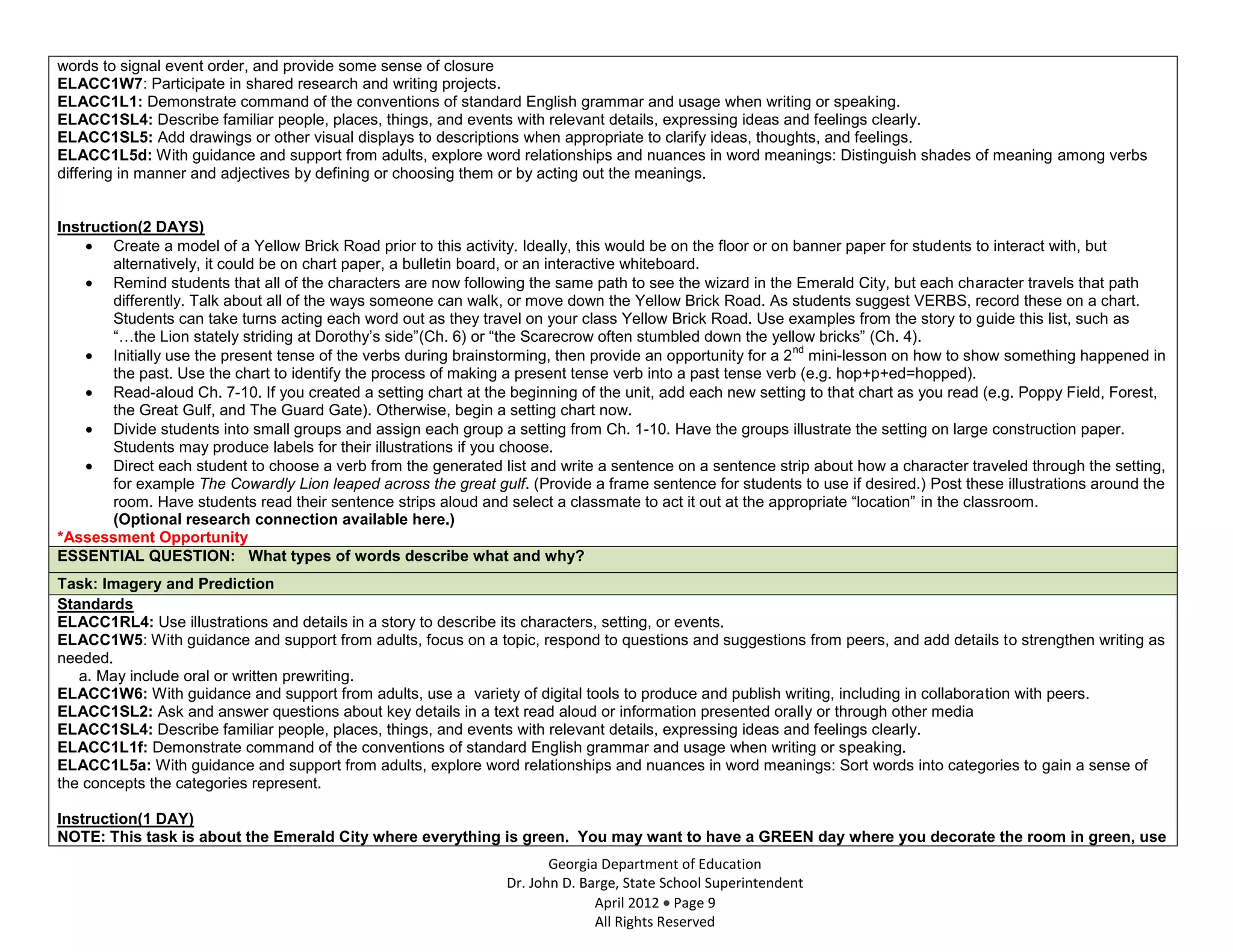words to signal event order, and provide some sense of closure
ELACC1W7: Participate in shared research and writing projects.
ELACC1L1: Demonstrate command of the conventions of standard English grammar and usage when writing or speaking.
ELACC1SL4: Describe familiar people, places, things, and events with relevant details, expressing ideas and feelings clearly.
ELACC1SL5: Add drawings or other visual displays to descriptions when appropriate to clarify ideas, thoughts, and feelings.
ELACC1L5d: With guidance and support from adults, explore word relationships and nuances in word meanings: Distinguish shades of meaning among verbs
differing in manner and adjectives by defining or choosing them or by acting out the meanings.


Instruction(2 DAYS)
        Create a model of a Yellow Brick Road prior to this activity. Ideally, this would be on the floor or on banner paper for students to interact with, but
        alternatively, it could be on chart paper, a bulletin board, or an interactive whiteboard.
        Remind students that all of the characters are now following the same path to see the wizard in the Emerald City, but each character travels that path
        differently. Talk about all of the ways someone can walk, or move down the Yellow Brick Road. As students suggest VERBS, record these on a chart.
        Students can take turns acting each word out as they travel on your class Yellow Brick Road. Use examples from the story to guide this list, such as
        “…the Lion stately striding at Dorothy’s side”(Ch. 6) or “the Scarecrow often stumbled down the yellow bricks” (Ch. 4).
                                                                                                                nd
        Initially use the present tense of the verbs during brainstorming, then provide an opportunity for a 2 mini-lesson on how to show something happened in
        the past. Use the chart to identify the process of making a present tense verb into a past tense verb (e.g. hop+p+ed=hopped).
        Read-aloud Ch. 7-10. If you created a setting chart at the beginning of the unit, add each new setting to that chart as you read (e.g. Poppy Field, Forest,
        the Great Gulf, and The Guard Gate). Otherwise, begin a setting chart now.
        Divide students into small groups and assign each group a setting from Ch. 1-10. Have the groups illustrate the setting on large construction paper.
        Students may produce labels for their illustrations if you choose.
        Direct each student to choose a verb from the generated list and write a sentence on a sentence strip about how a character traveled through the setting,
        for example The Cowardly Lion leaped across the great gulf. (Provide a frame sentence for students to use if desired.) Post these illustrations around the
        room. Have students read their sentence strips aloud and select a classmate to act it out at the appropriate “location” in the classroom.
        (Optional research connection available here.)
*Assessment Opportunity
ESSENTIAL QUESTION: What types of words describe what and why?
Task: Imagery and Prediction
Standards
ELACC1RL4: Use illustrations and details in a story to describe its characters, setting, or events.
ELACC1W5: With guidance and support from adults, focus on a topic, respond to questions and suggestions from peers, and add details to strengthen writing as
needed.
   a. May include oral or written prewriting.
ELACC1W6: With guidance and support from adults, use a variety of digital tools to produce and publish writing, including in collaboration with peers.
ELACC1SL2: Ask and answer questions about key details in a text read aloud or information presented orally or through other media
ELACC1SL4: Describe familiar people, places, things, and events with relevant details, expressing ideas and feelings clearly.
ELACC1L1f: Demonstrate command of the conventions of standard English grammar and usage when writing or speaking.
ELACC1L5a: With guidance and support from adults, explore word relationships and nuances in word meanings: Sort words into categories to gain a sense of
the concepts the categories represent.

Instruction(1 DAY)
NOTE: This task is about the Emerald City where everything is green. You may want to have a GREEN day where you decorate the room in green, use
                                                                         Georgia Department of Education
                                                                  Dr. John D. Barge, State School Superintendent
                                                                                April 2012 Page 9
                                                                                All Rights Reserved
 