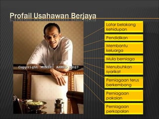 Latar belakang
kehidupan

Pendidikan

Membantu
keluarga

Mula berniaga

Menubuhkan
syarikat

Perniagaan terus
berkembang

Perniagaan
pakaian

Perniagaan
perkapalan
 