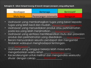 Bahagian B : Isikan tempat kosong di bawah dengan jawapan yang paling tepat.


          Kecekapan                   Bertenaga                  Berinisiatif
          Mutu kerja          Perancangan sistematik             Ketegasan

• Usahawan yang membahagikan tugas yang besar kepada
  tugas yang lebih kecil dan mudah. __________________.
                                      Perancangan sistematik
• Usahawan yang menyediakan produk atau petkhidmatan
  pada kos yang lebih menjimatkan. __________________
                                         Kecekapan
• Usahawan yang sentiasa menitikberatkan mutu dan piawaian
  produk dan perkhidmatan yang disediakan. _________________
                                                Mutu kerja
• Berani menyuarakan sesuatu pendapat dan mengambil
  tindakan walaupun menghadapai tentangan.
  _________________
        Ketegasan
• Usahawan yang sanggup bekerja lebih masa serta
  mengorbankan waktu rehat. _____________________
                                    Bertenaga
• Kecenderungan untuk melihat dan menganalisis sesesuatu
                              Berinisiatif
  situasi dengan cekap. ____________________
 