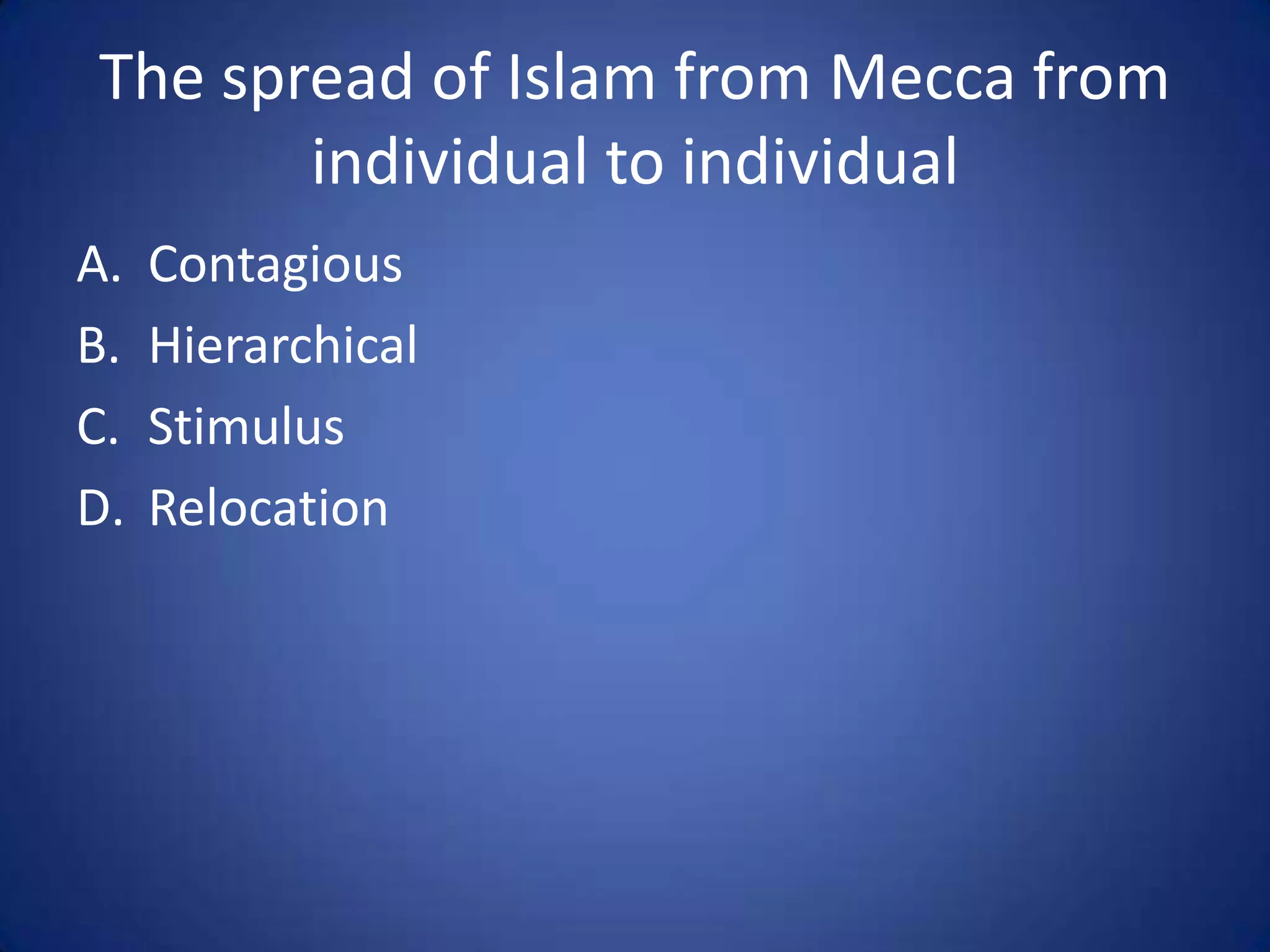 Christianity not being adopted by its
      initiating group (the Jews)
A.   Contagious
B.   Hierarchical
C.   Stimulus
D.   Relocation
 