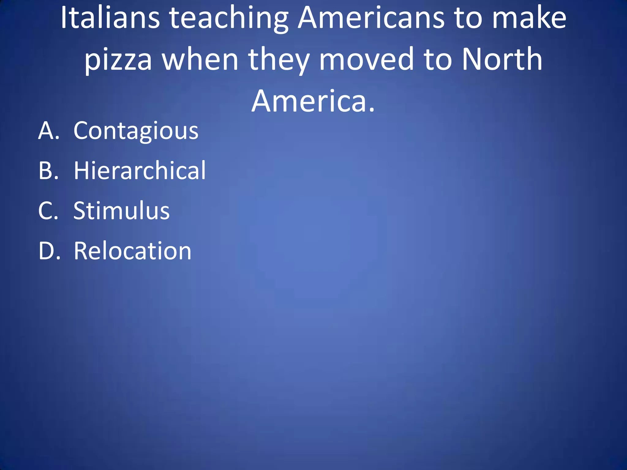 The serving of Lamb Burgers at
            McDonalds in India
A.   Contagious
B.   Hierarchical
C.   Stimulus
D.   Relocation
 