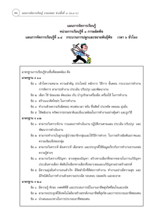 30   ·ºπ°“√®—¥°“√‡√’¬π√Ÿâ ß“π‡°…µ√ ™à«ß™—Èπ∑’Ë Ù (¡.Ù-ˆ)


                                      ·ºπ°“√®—¥°“√‡√’¬π√Ÿâ
                                 Àπà«¬°“√‡√’¬π√Ÿâ∑’Ë Ò °“√º≈‘µæ◊™
        ·ºπ°“√®—¥°“√‡√’¬π√Ÿâ∑’Ë Ò.Ù °√–∫«π°“√ª≈Ÿ°·≈–¢¬“¬æ—π∏ÿåæ◊™              ‡«≈“ ˆ ™—Ë«‚¡ß




     ¡“µ√∞“π°“√‡√’¬π√Ÿâ™à«ß™—Èπ∑’Ë Õ¥§≈âÕß §◊Õ
     ¡“µ√∞“π ß Ò.Ò
           ¢âÕ Ò ‡¢â“„®§«“¡À¡“¬ §«“¡ ”§—≠ ª√–‚¬™πå À≈—°°“√ «‘∏’°“√ ¢—ÈπµÕπ °√–∫«π°“√∑”ß“π
                 °“√®—¥°“√  “¡“√∂∑”ß“π ª√–‡¡‘π ª√—∫ª√ÿß ·≈–æ—≤π“ß“π
           ¢âÕ Ú ‡≈◊Õ° „™â ´àÕ¡·´¡ ¥—¥·ª≈ß ‡°Á∫ ∫”√ÿß√—°…“‡§√◊ËÕß¡◊Õ ‡§√◊ËÕß„™â „π°“√∑”ß“π
           ¢âÕ Û  √â“ß·π«§‘¥„À¡àÊ „π°“√∑”ß“π
           ¢âÕ Ù ∑”ß“π¥â«¬§«“¡√—∫º‘¥™Õ∫ µ√ßµàÕ‡«≈“ ¢¬—π ´◊ËÕ —µ¬å ª√–À¬—¥ Õ¥ÕÕ¡ ¡ÿàß¡—Ëπ
           ¢âÕ ı „™âæ≈—ßß“π ∑√—æ¬“°√∏√√¡™“µ‘·≈– ‘Ëß·«¥≈âÕ¡„π°“√∑”ß“πÕ¬à“ß§ÿâ¡§à“ ·≈–∂Ÿ°«‘∏’
     ¡“µ√∞“π ß Ò.Ú
           ¢âÕ Ò  “¡“√∂«‘‡§√“–Àåß“π «“ß·ºπ°“√¥”‡π‘πß“π ªØ‘∫—µ‘ß“πµ“¡·ºπ ª√–‡¡‘π ª√—∫ª√ÿß ·≈–
                 æ—≤π“°“√¥”‡π‘πß“π
           ¢âÕ Ú  “¡“√∂∑”ß“π„π∞“π–ºŸâπ”/ ¡“™‘°°≈ÿà¡·≈–„™â«‘∏’°“√µà“ßÊ „π°“√ √â“ß —¡æ—π∏¿“æ·≈–
                 §«“¡‡¢â¡·¢Áß¢Õß°≈ÿà¡
           ¢âÕ Û  “¡“√∂«‘‡§√“–Àå  —ß‡§√“–Àå ‡≈◊Õ° √√ ·≈–ª√–¬ÿ°µå„™â¢âÕ¡Ÿ≈‡°’Ë¬«°—∫°“√∑”ß“π®“°·À≈àß
                 §«“¡√Ÿµ“ßÊ
                         âà
           ¢âÕ Ù  “¡“√∂«‘‡§√“–Àåªí≠À“  “‡Àµÿ¢Õßªí≠À“  √â“ß∑“ß‡≈◊Õ°∑’ËÀ≈“°À≈“¬„π°“√·°âªí≠À“
                 ª√–‡¡‘π∑“ß‡≈◊Õ° µ—¥ ‘π„®‡≈◊Õ°∑“ß‡≈◊Õ°∑’Ë‡À¡“– ¡·≈–·°âªí≠À“Õ¬à“ß √â“ß √√§å
           ¢âÕ ı ¡’§«“¡¡ÿàß¡—Ëπ∑”ß“π®π ”‡√Á® ¡’®‘µ ”π÷°∑’Ë¥’µàÕ°“√∑”ß“π ∑”ß“πÕ¬à“ß¡’§«“¡ ÿ¢ ·≈–
                 ¡’°‘®π‘ —¬„π°“√∑”ß“π¥â«¬§«“¡ª√–≥’µ √Õ∫§Õ∫ ª≈Õ¥¿—¬ ·≈– –Õ“¥
     ¡“µ√∞“π ß Ú.Ò
           ¢âÕ Ò ¡’§«“¡√Ÿâ ∑—°…– ‡®µ§µ‘∑’Ë¥’ ·≈–ª√– ∫°“√≥å„πß“πÕ“™’æ ÿ®√‘µ∑’Ë π„®·≈–∂π—¥
           ¢âÕ Ú  “¡“√∂ª√–¬ÿ°µå„™â‡∑§‚π‚≈¬’¡“ √â“ß √√§åß“πÕ“™’æ∑’ ®√‘µ ·≈–°“√ª√–°Õ∫Õ“™’æ¢Õßµπ
                                                                    Ë ÿ
           ¢âÕ Û π”‡ πÕ·π«∑“ß„π°“√ª√–°Õ∫Õ“™’æ¢Õßµπ
 