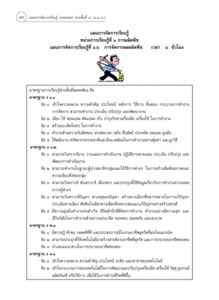 48 ·ºπ°“√®—¥°“√‡√’¬π√Ÿâ ß“π‡°…µ√ ™à«ß™—Èπ∑’Ë Ù (¡.Ù-ˆ)

                                        ·ºπ°“√®—¥°“√‡√’¬π√Ÿâ
                                 Àπà«¬°“√‡√’¬π√Ÿâ∑’Ë Ò °“√º≈‘µæ◊™
                   ·ºπ°“√®—¥°“√‡√’¬π√Ÿâ∑’Ë Ò.ˆ °“√®—¥°“√º≈º≈‘µæ◊™            ‡«≈“ Ù ™—Ë«‚¡ß




      ¡“µ√∞“π°“√‡√’¬π√Ÿâ™à«ß™—Èπ∑’Ë Õ¥§≈âÕß §◊Õ
      ¡“µ√∞“π ß Ò.Ò
            ¢âÕ Ò ‡¢â“„®§«“¡À¡“¬ §«“¡ ”§—≠ ª√–‚¬™πå À≈—°°“√ «‘∏’°“√ ¢—ÈπµÕπ °√–∫«π°“√∑”ß“π
                  °“√®—¥°“√  “¡“√∂∑”ß“π ª√–‡¡‘π ª√—∫ª√ÿß ·≈–æ—≤π“ß“π
            ¢âÕ Ú ‡≈◊Õ° „™â ´àÕ¡·´¡ ¥—¥·ª≈ß ‡°Á∫ ∫”√ÿß√—°…“‡§√◊ËÕß¡◊Õ ‡§√◊ËÕß„™â „π°“√∑”ß“π
            ¢âÕ Û  √â“ß·π«§‘¥„À¡àÊ „π°“√∑”ß“π
            ¢âÕ Ù ∑”ß“π¥â«¬§«“¡√—∫º‘¥™Õ∫ µ√ßµàÕ‡«≈“ ¢¬—π ´◊ËÕ —µ¬å ª√–À¬—¥ Õ¥ÕÕ¡ ¡ÿàß¡—Ëπ
            ¢âÕ ı „™âæ≈—ßß“π ∑√—æ¬“°√∏√√¡™“µ‘·≈– ‘Ëß·«¥≈âÕ¡„π°“√∑”ß“πÕ¬à“ß§ÿâ¡§à“ ·≈–∂Ÿ°«‘∏’
      ¡“µ√∞“π ß Ò.Ú
            ¢âÕ Ò  “¡“√∂«‘‡§√“–Àåß“π «“ß·ºπ°“√¥”‡π‘πß“π ªØ‘∫—µ‘ß“πµ“¡·ºπ ª√–‡¡‘π ª√—∫ª√ÿß ·≈–
                  æ—≤π“°“√¥”‡π‘πß“π
            ¢âÕ Ú  “¡“√∂∑”ß“π„π∞“π–ºŸâπ”/ ¡“™‘°°≈ÿà¡·≈–„™â«‘∏’°“√µà“ßÊ „π°“√ √â“ß —¡æ—π∏¿“æ·≈–
                  §«“¡‡¢â¡·¢Áß¢Õß°≈ÿà¡
            ¢âÕ Û  “¡“√∂«‘‡§√“–Àå  —ß‡§√“–Àå ‡≈◊Õ° √√ ·≈–ª√–¬ÿ°µå„™â¢âÕ¡Ÿ≈‡°’Ë¬«°—∫°“√∑”ß“π®“°·À≈àß
                  §«“¡√Ÿµ“ßÊ
                          âà
            ¢âÕ Ù  “¡“√∂«‘‡§√“–Àåªí≠À“  “‡Àµÿ¢Õßªí≠À“  √â“ß∑“ß‡≈◊Õ°∑’ËÀ≈“°À≈“¬„π°“√·°âªí≠À“
                  ª√–‡¡‘π∑“ß‡≈◊Õ° µ—¥ ‘π„®‡≈◊Õ°∑“ß‡≈◊Õ°∑’Ë‡À¡“– ¡·≈–·°âªí≠À“Õ¬à“ß √â“ß √√§å
            ¢âÕ ı ¡’§«“¡¡ÿàß¡—Ëπ∑”ß“π®π ”‡√Á® ¡’®‘µ ”π÷°∑’Ë¥’µàÕ°“√∑”ß“π ∑”ß“πÕ¬à“ß¡’§«“¡ ÿ¢ ·≈–
                  ¡’°‘®π‘ —¬„π°“√∑”ß“π¥â«¬§«“¡ª√–≥’µ √Õ∫§Õ∫ ª≈Õ¥¿—¬ ·≈– –Õ“¥
      ¡“µ√∞“π ß Ú.Ò
            ¢âÕ Ò ¡’§«“¡√Ÿâ ∑—°…– ‡®µ§µ‘∑Ë¥’ ·≈–ª√– ∫°“√≥å„πß“πÕ“™’æ ÿ®√‘µ∑’Ë π„®·≈–∂π—¥
                                            ’
            ¢âÕ Ú  “¡“√∂ª√–¬ÿ°µå„™â‡∑§‚π‚≈¬’¡“ √â“ß √√§åß“πÕ“™’æ∑’ ®√‘µ ·≈–°“√ª√–°Õ∫Õ“™’æ¢Õßµπ
                                                                         Ë ÿ
            ¢âÕ Û π”‡ πÕ·π«∑“ß„π°“√ª√–°Õ∫Õ“™’æ¢Õßµπ
      ¡“µ√∞“π ß Û.Ò
            ¢âÕ Ò ‡¢â“„®§«“¡À¡“¬ §«“¡ ”§—≠ ª√–‚¬™πå √–¥—∫ ·≈– “¢“¢Õß‡∑§‚π‚≈¬’
            ¢âÕ Ú ‡¢â“„®°√–∫«π°“√¢Õß‡∑§‚π‚≈¬’ „π°“√æ—≤π“·≈–ª√—∫ª√ÿß‡§√◊Õß¡◊Õ ‡§√◊Õß„™â «— ¥ÿ Õÿª°√≥å
                                                                              Ë       Ë
                  º≈‘µ¿—≥±å À√◊Õ«‘∏’°“√ ‡æ◊ËÕ„™â „π°“√¥”√ß™’«‘µ∑’Ë¥’¢÷Èπ
 