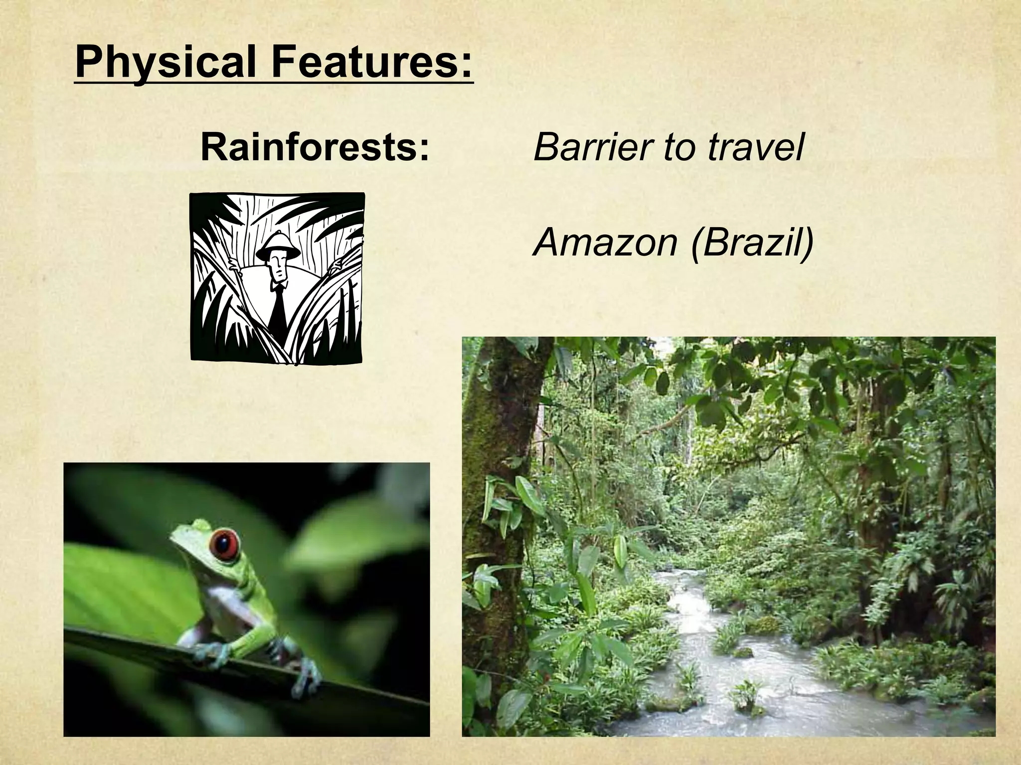 Physical Features:
     Rainforests:    Barrier to travel

                     Amazon (Brazil)
 