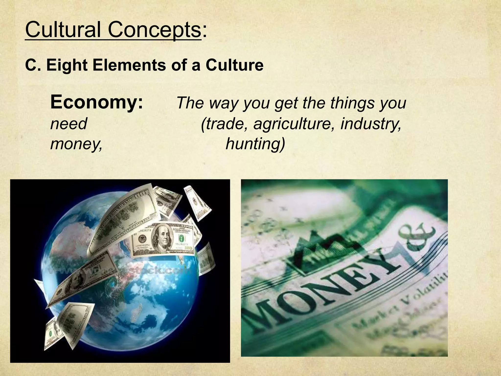 Cultural Concepts:
C. Eight Elements of a Culture

   Economy:       The way you get the things you
   need              (trade, agriculture, industry,
   money,                hunting)
 