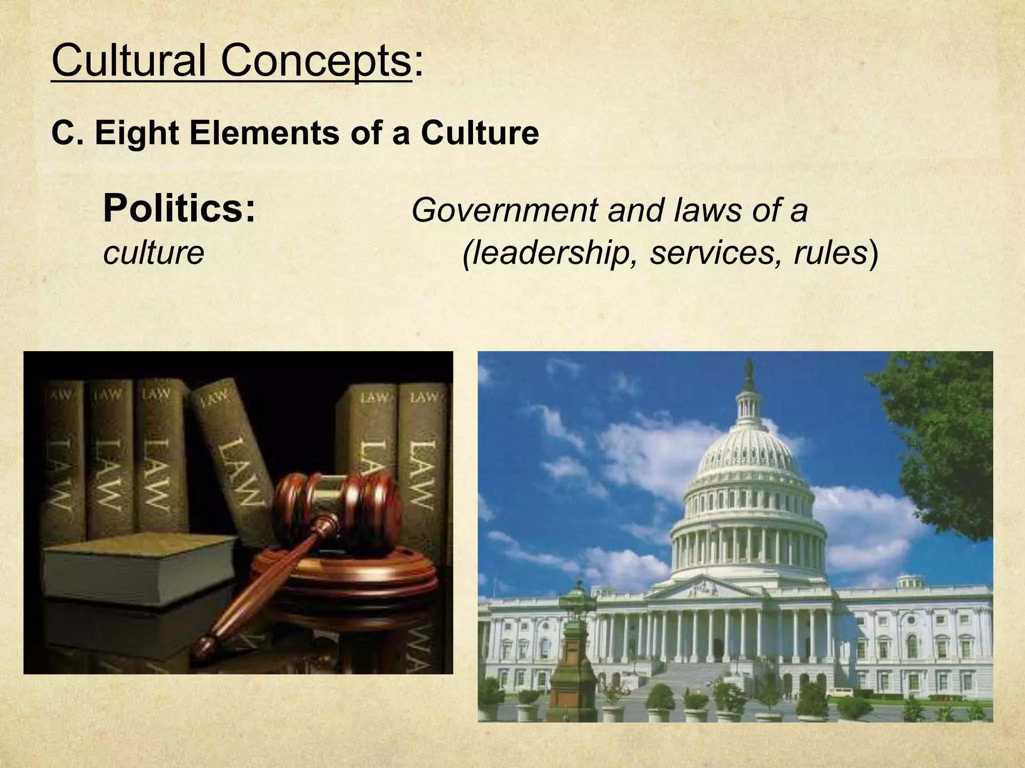 Cultural Concepts:
C. Eight Elements of a Culture

   Politics:          Government and laws of a
   culture              (leadership, services, rules)
 