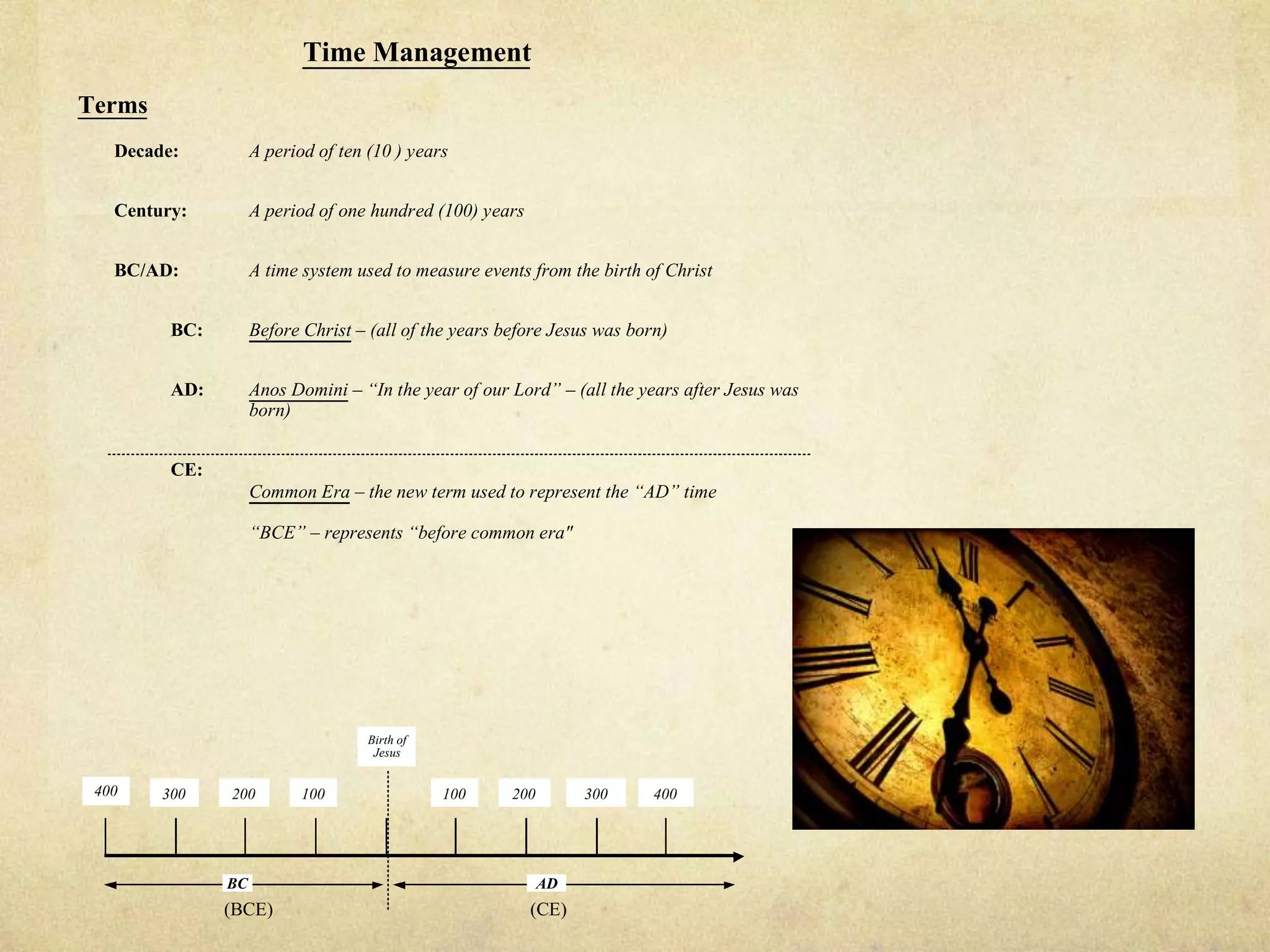 Time Management
Terms
   Decade:          A period of ten (10 ) years


   Century:         A period of one hundred (100) years


   BC/AD:           A time system used to measure events from the birth of Christ


         BC:        Before Christ – (all of the years before Jesus was born)


         AD:        Anos Domini – “In the year of our Lord” – (all the years after Jesus was
                    born)


         CE:
                    Common Era – the new term used to represent the “AD” time

                    “BCE” – represents “before common era"




                                    Birth of
                                     Jesus


 400    300    200         100                 100     200        300     400




               BC                                            AD
               (BCE)                                      (CE)
 