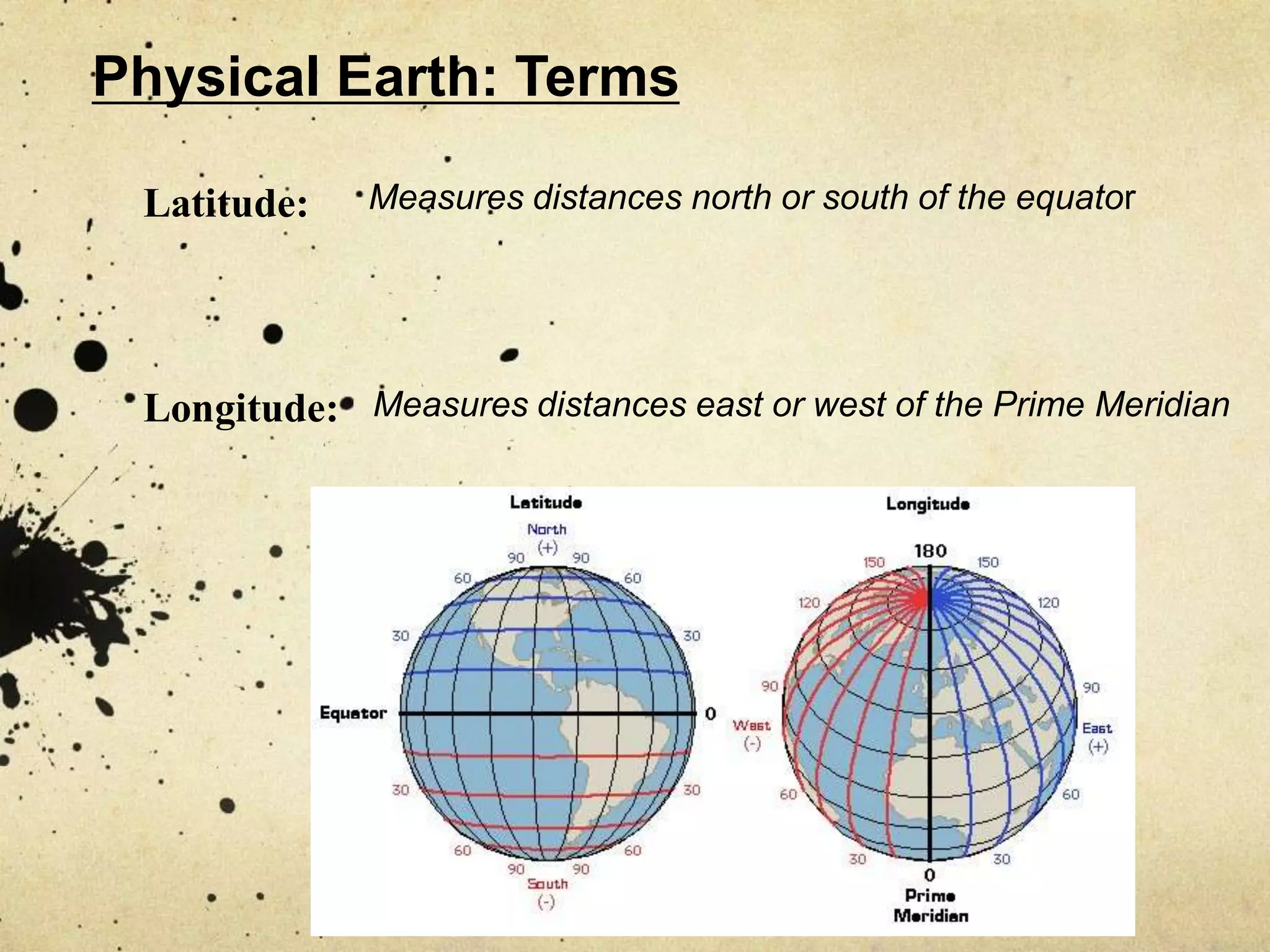 Physical Earth: Terms

 Latitude:    Measures distances north or south of the equator




 Longitude: Measures distances east or west of the Prime Meridian
 