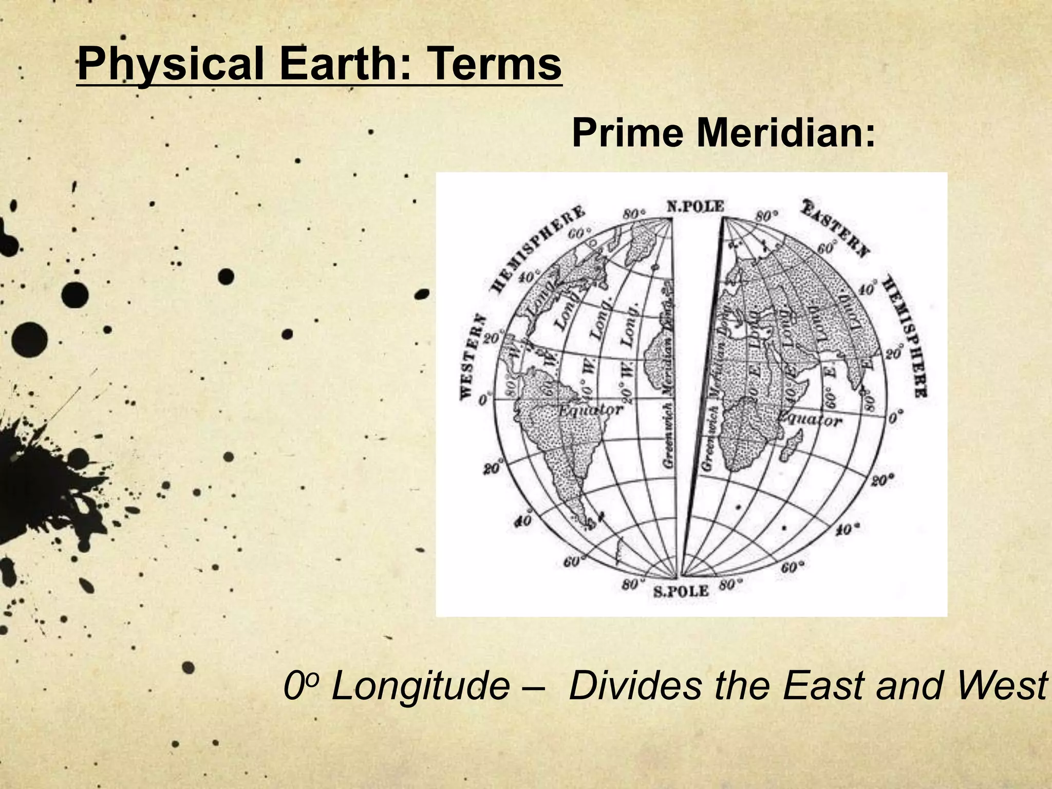 Physical Earth: Terms
                        Prime Meridian:




        0o Longitude – Divides the East and West
 