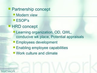    Partnership concept
     Modern view
     ESOP’s

   HRD concept
     Learning organization, OD, QWL,
      conducive wk place, Potential appraisals
     Employees development
     Enabling employee capabilities
     Work culture and climate
 
