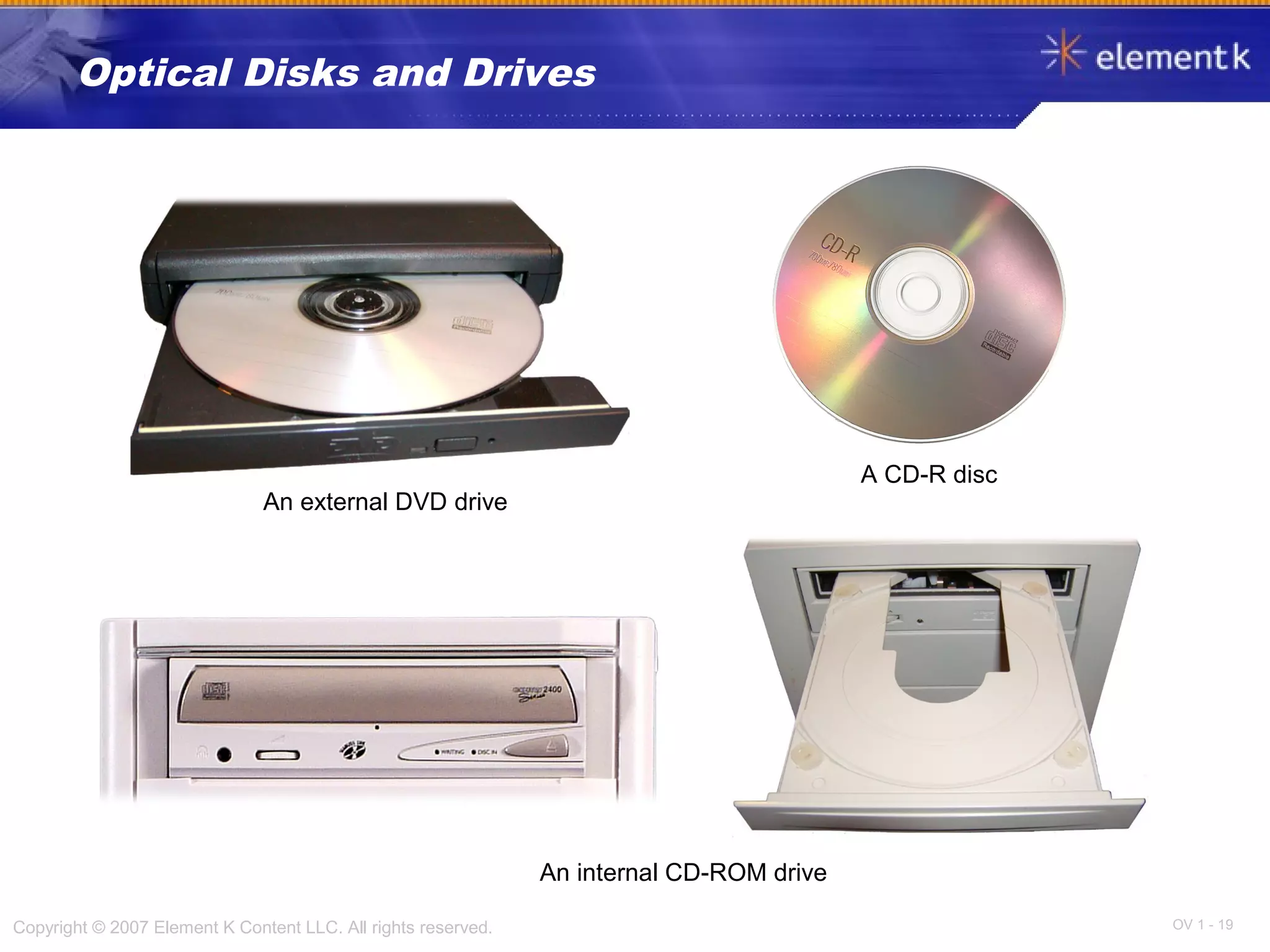 OV 1 - 19Copyright © 2007 Element K Content LLC. All rights reserved.
Optical Disks and Drives
An internal CD-ROM drive
An external DVD drive
A CD-R disc
 