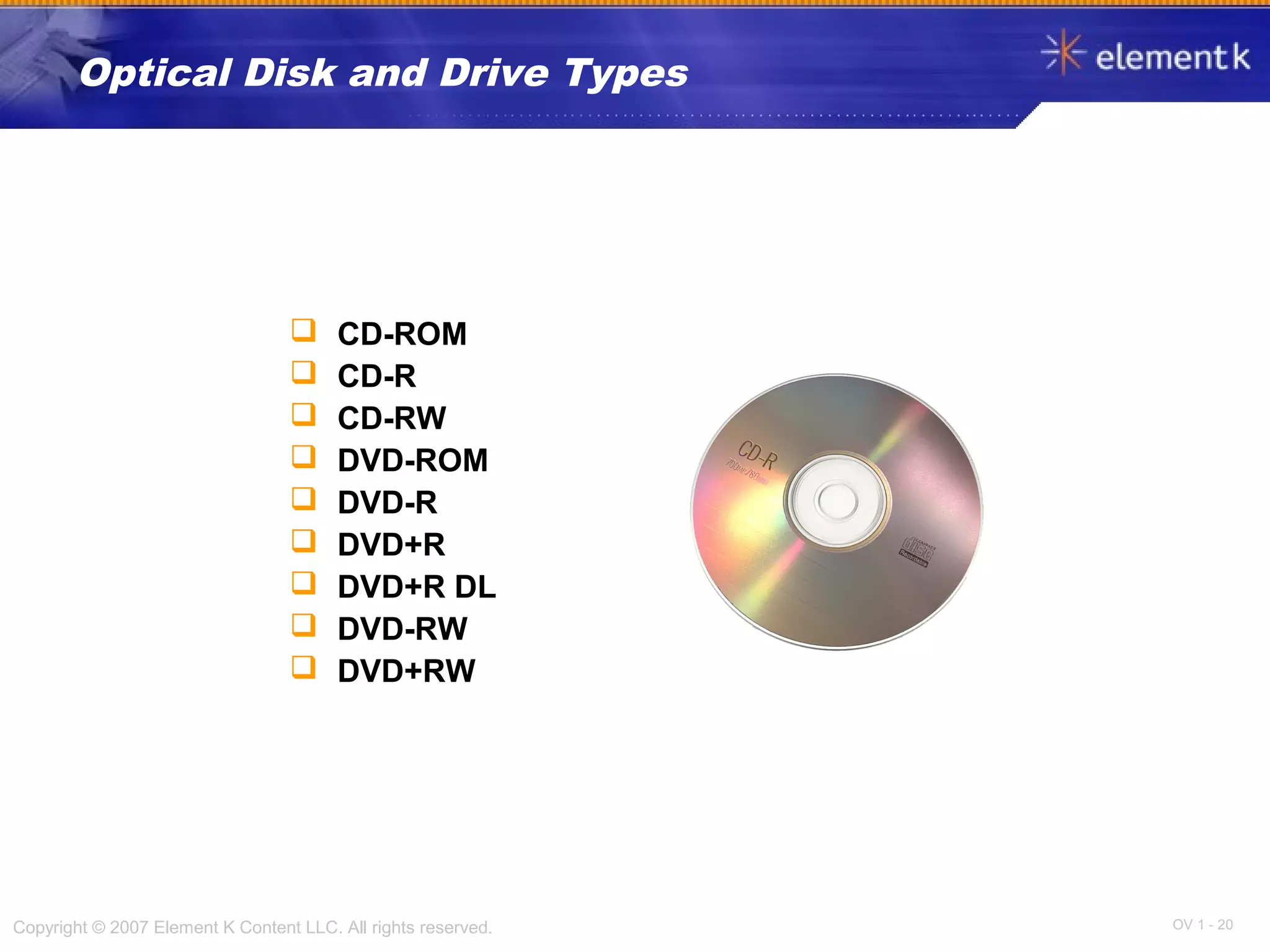OV 1 - 20Copyright © 2007 Element K Content LLC. All rights reserved.
Optical Disk and Drive Types
 CD-ROM
 CD-R
 CD-RW
 DVD-ROM
 DVD-R
 DVD+R
 DVD+R DL
 DVD-RW
 DVD+RW
 
