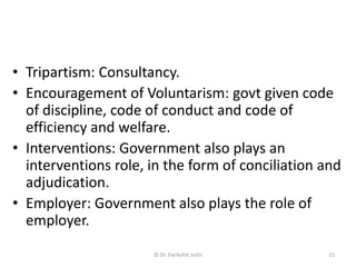 • Tripartism: Consultancy.
• Encouragement of Voluntarism: govt given code
of discipline, code of conduct and code of
efficiency and welfare.
• Interventions: Government also plays an
interventions role, in the form of conciliation and
adjudication.
• Employer: Government also plays the role of
employer.
15© Dr. Parikshit Joshi
 