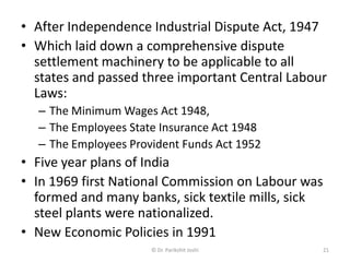 • After Independence Industrial Dispute Act, 1947
• Which laid down a comprehensive dispute
settlement machinery to be applicable to all
states and passed three important Central Labour
Laws:
– The Minimum Wages Act 1948,
– The Employees State Insurance Act 1948
– The Employees Provident Funds Act 1952
• Five year plans of India
• In 1969 first National Commission on Labour was
formed and many banks, sick textile mills, sick
steel plants were nationalized.
• New Economic Policies in 1991
21© Dr. Parikshit Joshi
 