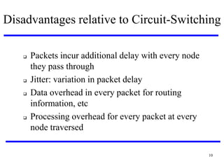 Disadvantages relative to Circuit-Switching








Packets incur additional delay with every node
they pass through
Jitter: variation in packet delay
Data overhead in every packet for routing
information, etc
Processing overhead for every packet at every
node traversed
10

 