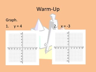 Warm-Up
Graph.
1. y = 4

2. x = -3

 