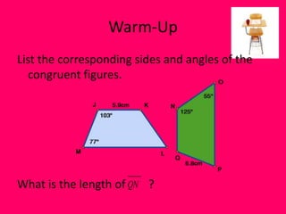 Warm-Up
List the corresponding sides and angles of the
congruent figures.

What is the length of QN ?

 