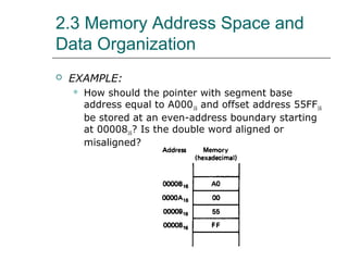 2.3 Memory Address Space and
Data Organization
 EXAMPLE:
 How should the pointer with segment base
address equal to A00016 and offset address 55FF16
be stored at an even-address boundary starting
at 0000816? Is the double word aligned or
misaligned?
 