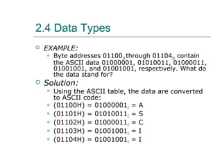 2.4 Data Types
 EXAMPLE:
 Byte addresses 0110016 through 0110416 contain
the ASCII data 01000001, 01010011, 01000011,
01001001, and 01001001, respectively. What do
the data stand for?
 Solution:
 Using the ASCII table, the data are converted
to ASCII code:
 (01100H) = 010000012 = A
 (01101H) = 010100112 = S
 (01102H) = 010000112 = C
 (01103H) = 010010012 = I
 (01104H) = 010010012 = I
 