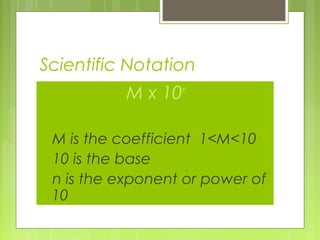 Scientific Notation
M x 10n
M is the coefficient 1<M<10
10 is the base
n is the exponent or power of
10
 