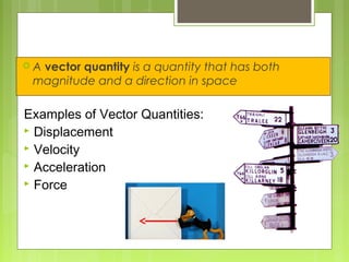 Vectors A vector quantity is a quantity that has both
magnitude and a direction in space
Examples of Vector Quantities:
 Displacement
 Velocity
 Acceleration
 Force
 