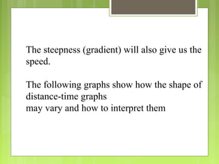 The steepness (gradient) will also give us the
speed.
The following graphs show how the shape of
distance-time graphs
may vary and how to interpret them
 