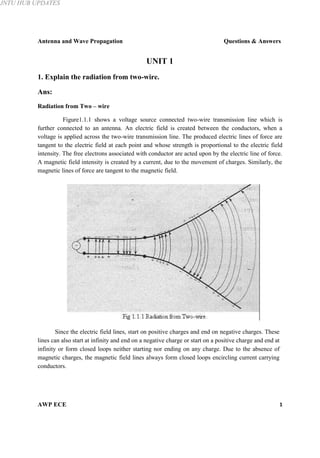 JNTU HUB UPDATES
Antenna and Wave Propagation Questions & Answers
UNIT 1
1. Explain the radiation from two-wire.
Ans:
Radiation from Two – wire
Figure1.1.1 shows a voltage source connected two-wire transmission line which is
further connected to an antenna. An electric field is created between the conductors, when a
voltage is applied across the two-wire transmission line. The produced electric lines of force are
tangent to the electric field at each point and whose strength is proportional to the electric field
intensity. The free electrons associated with conductor are acted upon by the electric line of force.
A magnetic field intensity is created by a current, due to the movement of charges. Similarly, the
magnetic lines of force are tangent to the magnetic field.
Since the electric field lines, start on positive charges and end on negative charges. These
lines can also start at infinity and end on a negative charge or start on a positive charge and end at
infinity or form closed loops neither starting nor ending on any charge. Due to the absence of
magnetic charges, the magnetic field lines always form closed loops encircling current carrying
conductors.
AWP ECE 1
 