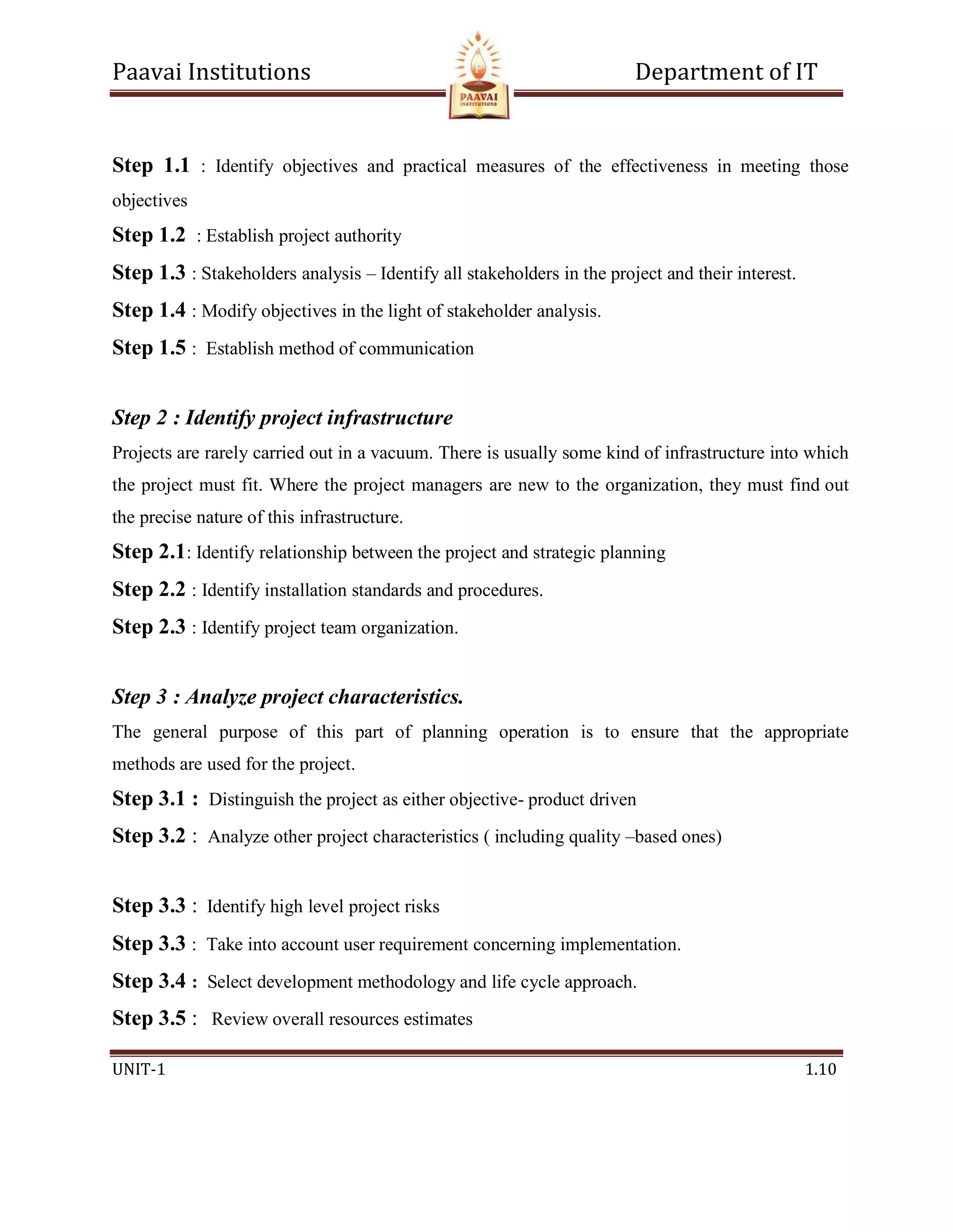 Paavai Institutions Department of IT
UNIT-1 1.10
Step 1.1 : Identify objectives and practical measures of the effectiveness in meeting those
objectives
Step 1.2 : Establish project authority
Step 1.3 : Stakeholders analysis – Identify all stakeholders in the project and their interest.
Step 1.4 : Modify objectives in the light of stakeholder analysis.
Step 1.5 : Establish method of communication
Step 2 : Identify project infrastructure
Projects are rarely carried out in a vacuum. There is usually some kind of infrastructure into which
the project must fit. Where the project managers are new to the organization, they must find out
the precise nature of this infrastructure.
Step 2.1: Identify relationship between the project and strategic planning
Step 2.2 : Identify installation standards and procedures.
Step 2.3 : Identify project team organization.
Step 3 : Analyze project characteristics.
The general purpose of this part of planning operation is to ensure that the appropriate
methods are used for the project.
Step 3.1 : Distinguish the project as either objective- product driven
Step 3.2 : Analyze other project characteristics ( including quality –based ones)
Step 3.3 : Identify high level project risks
Step 3.3 : Take into account user requirement concerning implementation.
Step 3.4 : Select development methodology and life cycle approach.
Step 3.5 : Review overall resources estimates
 