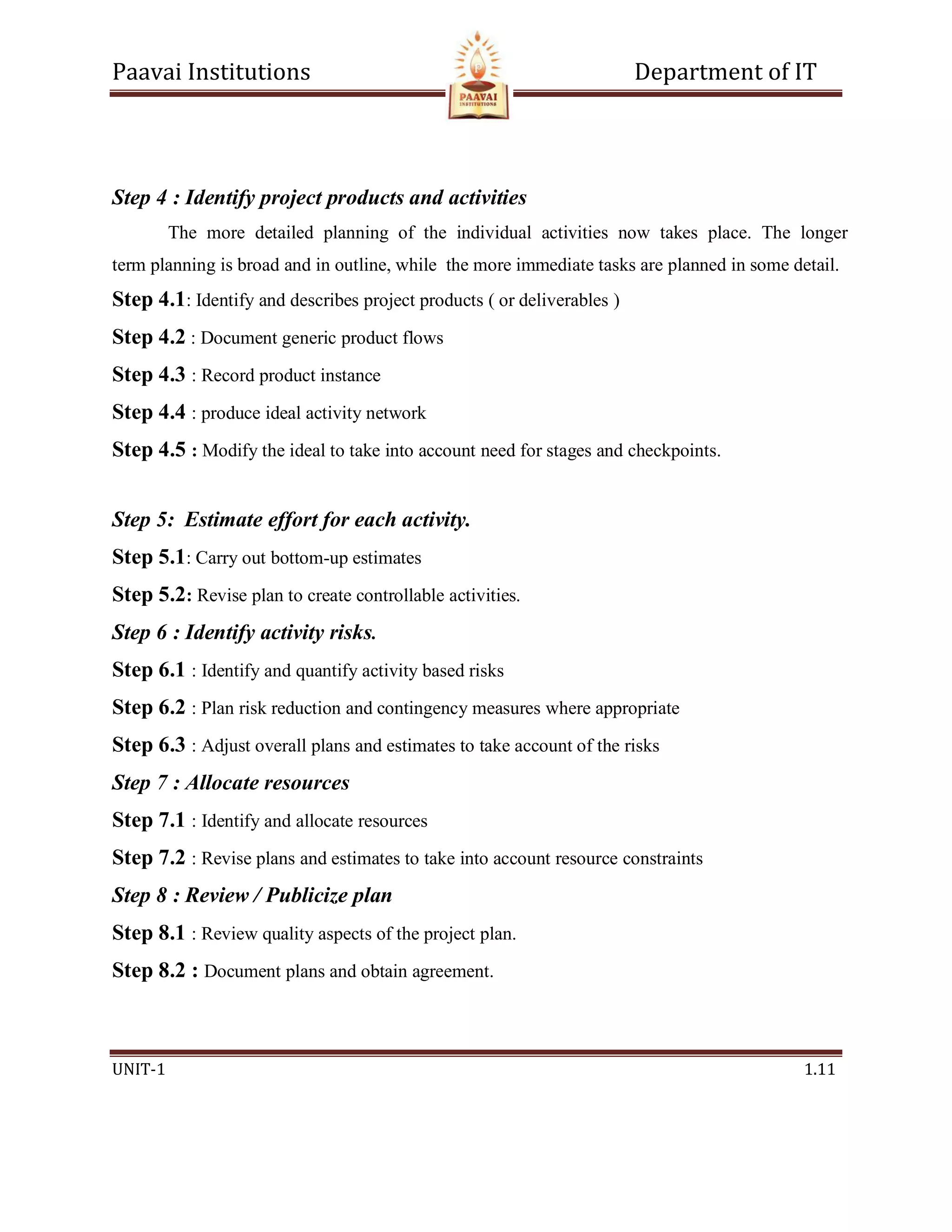 Paavai Institutions Department of IT
UNIT-1 1.11
Step 4 : Identify project products and activities
The more detailed planning of the individual activities now takes place. The longer
term planning is broad and in outline, while the more immediate tasks are planned in some detail.
Step 4.1: Identify and describes project products ( or deliverables )
Step 4.2 : Document generic product flows
Step 4.3 : Record product instance
Step 4.4 : produce ideal activity network
Step 4.5 : Modify the ideal to take into account need for stages and checkpoints.
Step 5: Estimate effort for each activity.
Step 5.1: Carry out bottom-up estimates
Step 5.2: Revise plan to create controllable activities.
Step 6 : Identify activity risks.
Step 6.1 : Identify and quantify activity based risks
Step 6.2 : Plan risk reduction and contingency measures where appropriate
Step 6.3 : Adjust overall plans and estimates to take account of the risks
Step 7 : Allocate resources
Step 7.1 : Identify and allocate resources
Step 7.2 : Revise plans and estimates to take into account resource constraints
Step 8 : Review / Publicize plan
Step 8.1 : Review quality aspects of the project plan.
Step 8.2 : Document plans and obtain agreement.
 