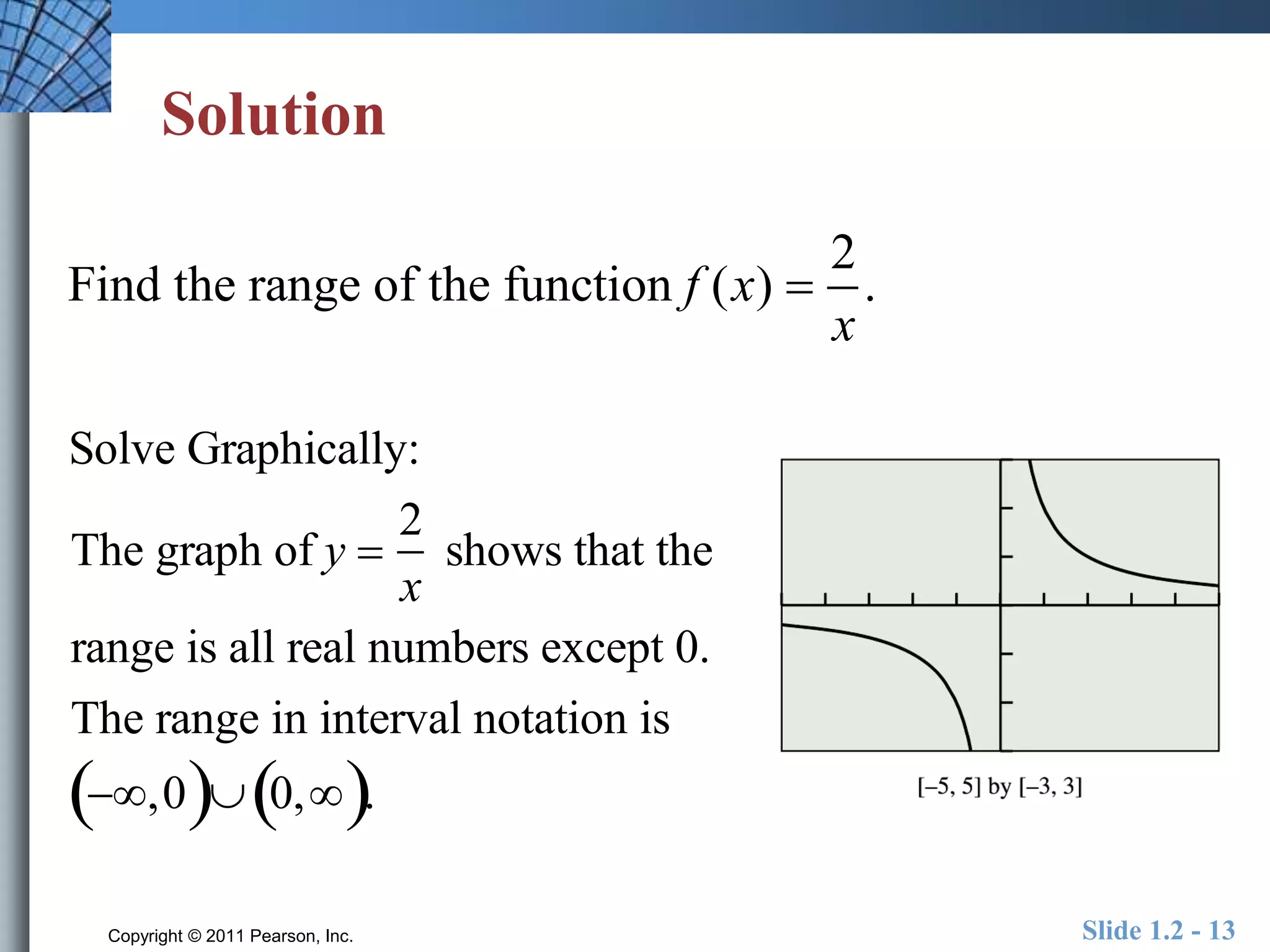 Solution 
Find the range of the function f (x) . 
Solve Graphically: 
The graph of y  
2 
x 
shows that the 
range is all real numbers except 0. 
The range in interval notation is 
,00,. 
2 
x 
 
Copyright © 2011 Pearson, Inc. Slide 1.2 - 13 
 
