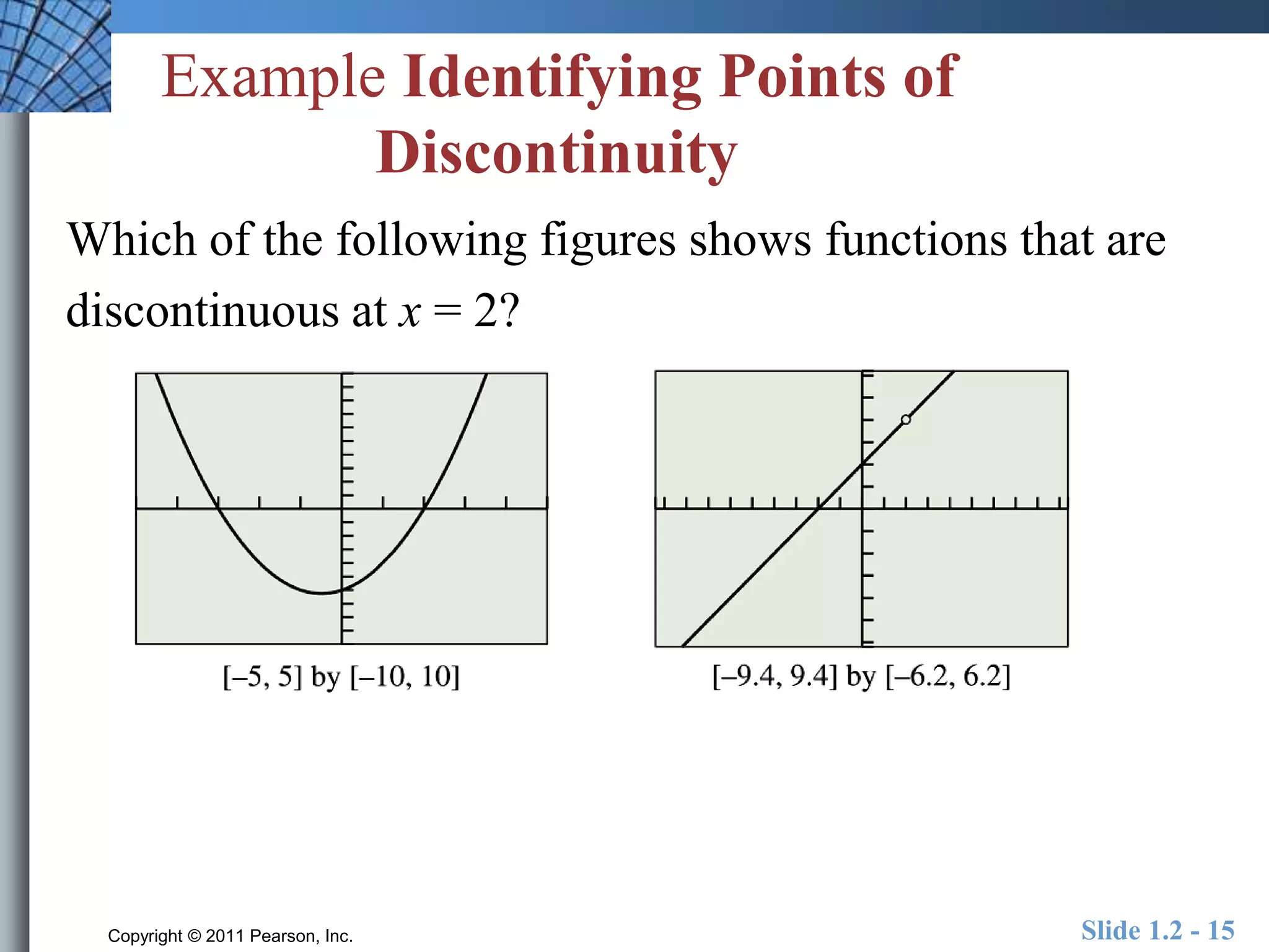 Example Identifying Points of 
Discontinuity 
Which of the following figures shows functions that are 
discontinuous at x = 2? 
Copyright © 2011 Pearson, Inc. Slide 1.2 - 15 
 
