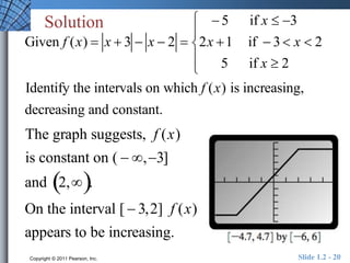 Solution 
Given f (x)  x  3  x  2  
 
 
 
 
 
Identify the intervals on which f (x) is increasing, 
decreasing and constant. 
The graph suggests, f (x) 
is constant on (  , 3] 
and 2,. 
On the interval [  3,2] f (x) 
appears to be increasing. 
 5 if x  3 
2x 1 if  3  x  2 
5 if x  2 
Copyright © 2011 Pearson, Inc. Slide 1.2 - 20 
 