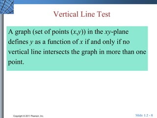 Vertical Line Test 
A graph (set of points (x,y)) in the xy-plane 
defines y as a function of x if and only if no 
vertical line intersects the graph in more than one 
point. 
Copyright © 2011 Pearson, Inc. Slide 1.2 - 8 
 