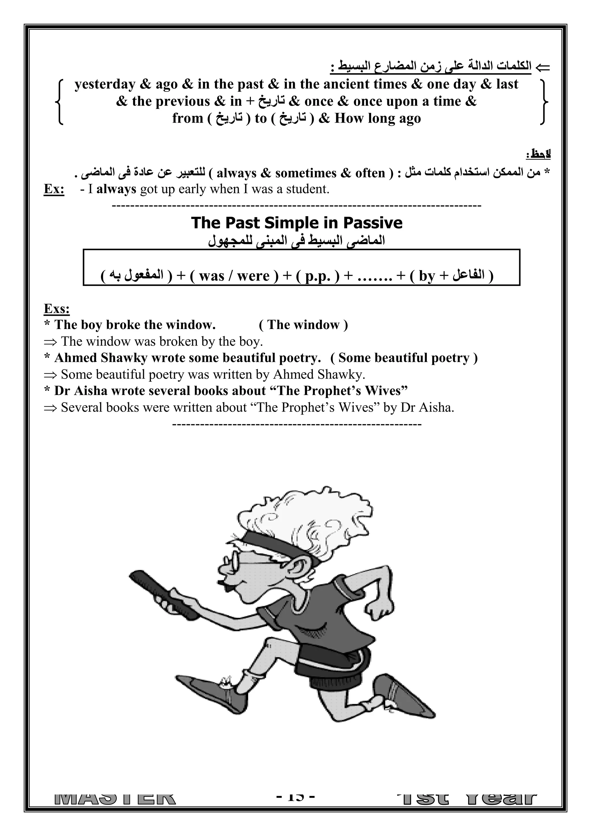 - 15 - 
 الكلمات الدالة على زمن المضارع البسيط : 
yesterday & ago & in the past & in the ancient times & one day & last 
& the previous & in + تاريخ & once & once upon a time & 
from ( تاريخ ) to ) تاريخ ( & How long ago 
لاحظ : 
* من الممكن استخدام كلمات مثل : ( always & sometimes & often ) للتعبير عن عادة فى الماضى . 
Ex: - I always got up early when I was a student. 
-------------------------------------------------------------------------------- 
The Past Simple in Passive 
الماضى البسيط فى المبنى للمجهول 
) المفعول به ( + ( was / were ) + ( p.p. ) + ……. + ( by + الفاعل ) 
Exs: 
* The boy broke the window. ( The window ) 
 The window was broken by the boy. 
* Ahmed Shawky wrote some beautiful poetry. ( Some beautiful poetry ) 
 Some beautiful poetry was written by Ahmed Shawky. 
* Dr Aisha wrote several books about “The Prophet’s Wives” 
 Several books were written about “The Prophet’s Wives” by Dr Aisha. 
------------------------------------------------------ 
 