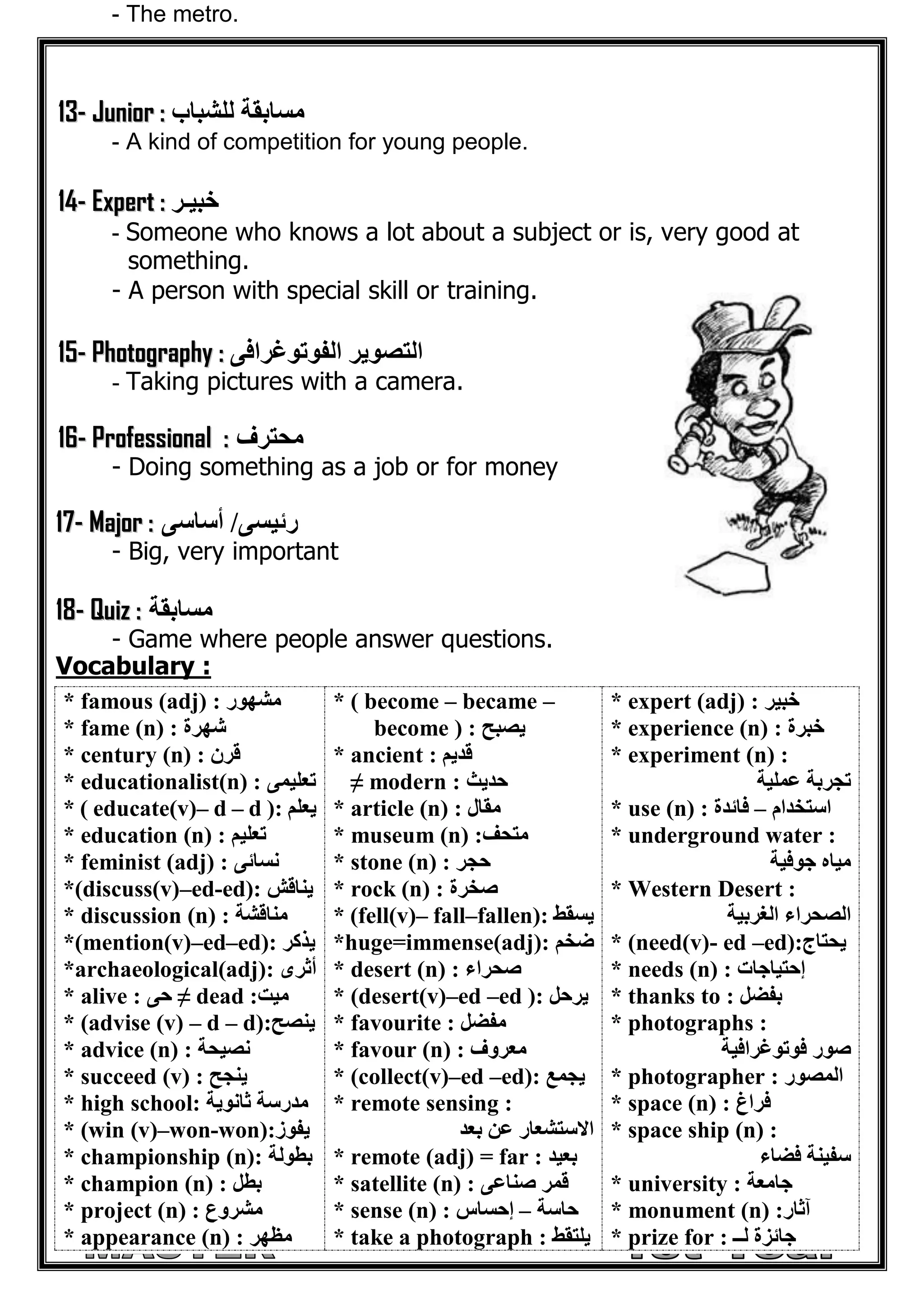 - 4 - 
- The metro. 
1 
13-- Juniior :: مسابقة للشباب 
- A kind of competition for young people. 
1 
14-- Expertt :: خبيـر 
- Someone who knows a lot about a subject or is, very good at something. 
- A person with special skill or training. 
1 
15-- Phottography :: التصوير الفوتوغرافى 
- Taking pictures with a camera. 
1 
16-- Proffessiionall :: محترف 
- Doing something as a job or for money 
1 
17-- Majjor :: رئيسى/ أساسى 
- Big, very important 
1 
18-- Quiiz :: مسابقة 
- Game where people answer questions. 
Vocabulary : 
* famous (adj) : مشهور 
* fame (n) : شهرة 
* century (n) : قرن 
* educationalist(n) : تعليمى 
* ( educate(v)– d – d ): يعلم 
* education (n) : تعليم 
* feminist (adj) : نسائى 
*(discuss(v)–ed-ed): يناقش 
* discussion (n) : مناقشة 
*(mention(v)–ed–ed): يذكر 
*archaeological(adj): أثرى 
* alive : حى ≠ dead :ميت 
* (advise (v) – d – d):ينصح 
* advice (n) : نصيحة 
* succeed (v) : ينجح 
* high school: مدرسة ثانوية 
* (win (v)–won-won):يفوز 
* championship (n): بطولة 
* champion (n) : بطل 
* project (n) : مشروع 
* appearance (n) : مظهر 
* ( become – became – become ) : يصبح 
* ancient : قديم 
≠ modern : حديث 
* article (n) : مقال 
* museum (n) :متحف 
* stone (n) : حجر 
* rock (n) : صخرة 
* (fell(v)– fall–fallen): يسقط 
*huge=immense(adj): ضخم 
* desert (n) : صحراء 
* (desert(v)–ed –ed ): يرحل 
* favourite : مفضل 
* favour (n) : معروف 
* (collect(v)–ed –ed): يجمع 
* remote sensing : 
الاستشعار عن بعد 
* remote (adj) = far : بعيد 
* satellite (n) : قمر صناعى 
* sense (n) : حاسة إحساس – 
* take a photograph : يلتقط 
* expert (adj) : خبير 
* experience (n) : خبرة 
* experiment (n) : 
تجربة عملية 
* use (n) : استخدام فائدة – 
* underground water : 
مياه جوفية 
* Western Desert : 
الصحراء الغربية 
* (need(v)- ed –ed):يحتاج 
* needs (n) : إحتياجات 
* thanks to : بفضل 
* photographs : 
صور فوتوغرافية 
* photographer : المصور 
* space (n) : فراغ 
* space ship (n) : 
سفينة فضاء 
* university : جامعة 
* monument (n) :آثار 
* prize for : جائزة لــ 
 