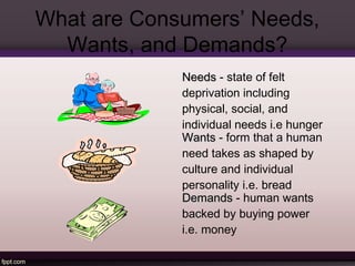 What are Consumers’ Needs, 
Wants, and Demands? 
NNeeeeddss - state of felt 
deprivation including 
physical, social, and 
individual needs i.e hunger 
WWaannttss - form that a human 
need takes as shaped by 
culture and individual 
personality i.e. bread 
DDeemmaannddss - human wants 
backed by buying power 
i.e. money 
 