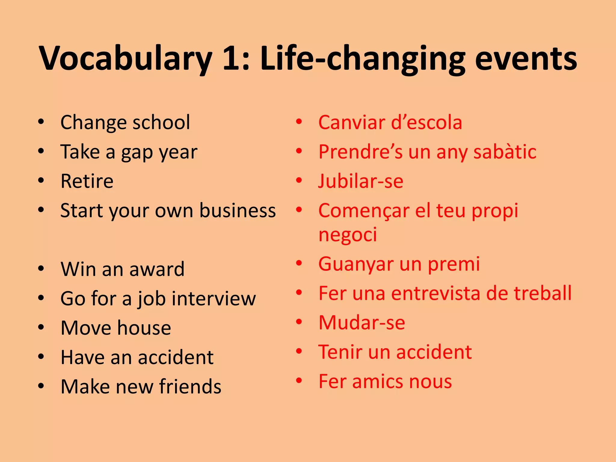 Vocabulary 1: Life-changing events 
• Change school 
• Take a gap year 
• Retire 
• Start your own business 
• Win an award 
• Go for a job interview 
• Move house 
• Have an accident 
• Make new friends 
• Canviar d’escola 
• Prendre’s un any sabàtic 
• Jubilar-se 
• Començar el teu propi 
negoci 
• Guanyar un premi 
• Fer una entrevista de treball 
• Mudar-se 
• Tenir un accident 
• Fer amics nous 
 