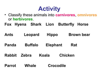 Activity
• Classify these animals into carnivores, omnivores
or herbivores.
Fox Hyena Shark Lion Butterfly Horse
Ants Leopard Hippo Brown bear
Panda Buffalo Elephant Rat
Rabbit Zebra Koala Chicken
Parrot Whale Crocodile