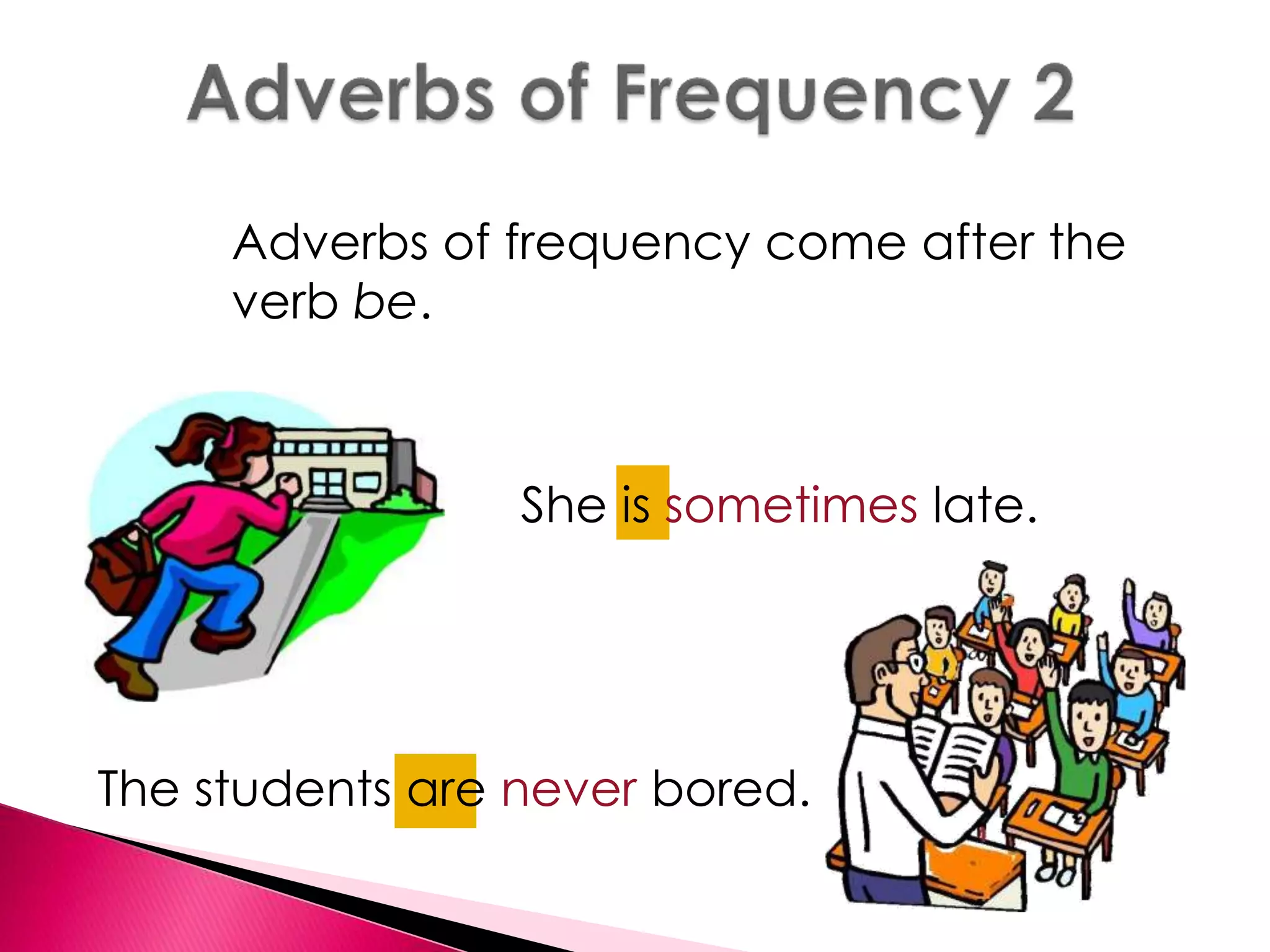 Adverbs of frequency come after the 
verb be. 
She is sometimes late. 
The students are never bored. 
 